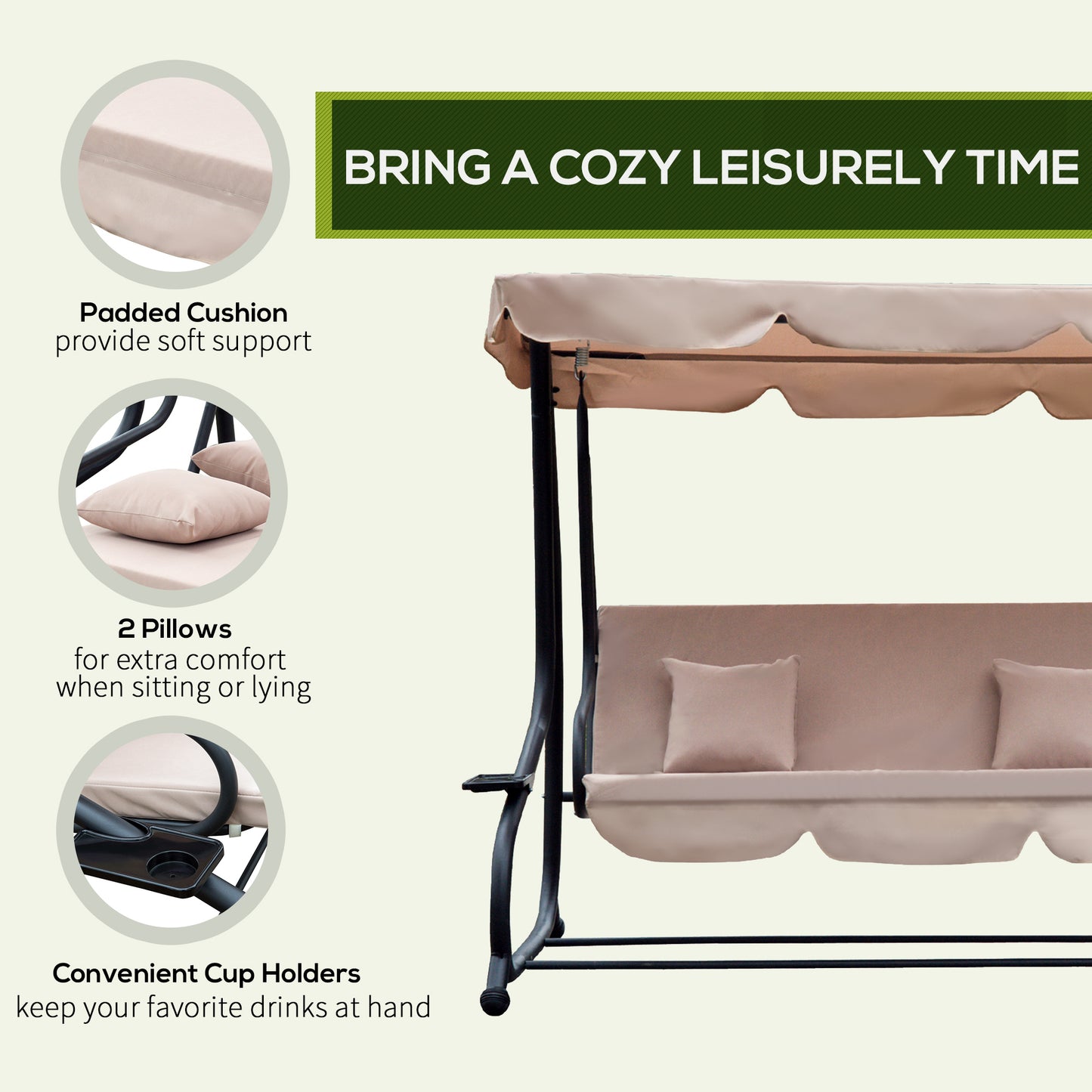 Delora 3-Seat Patio Swing Chair with Canopy - Light Brown