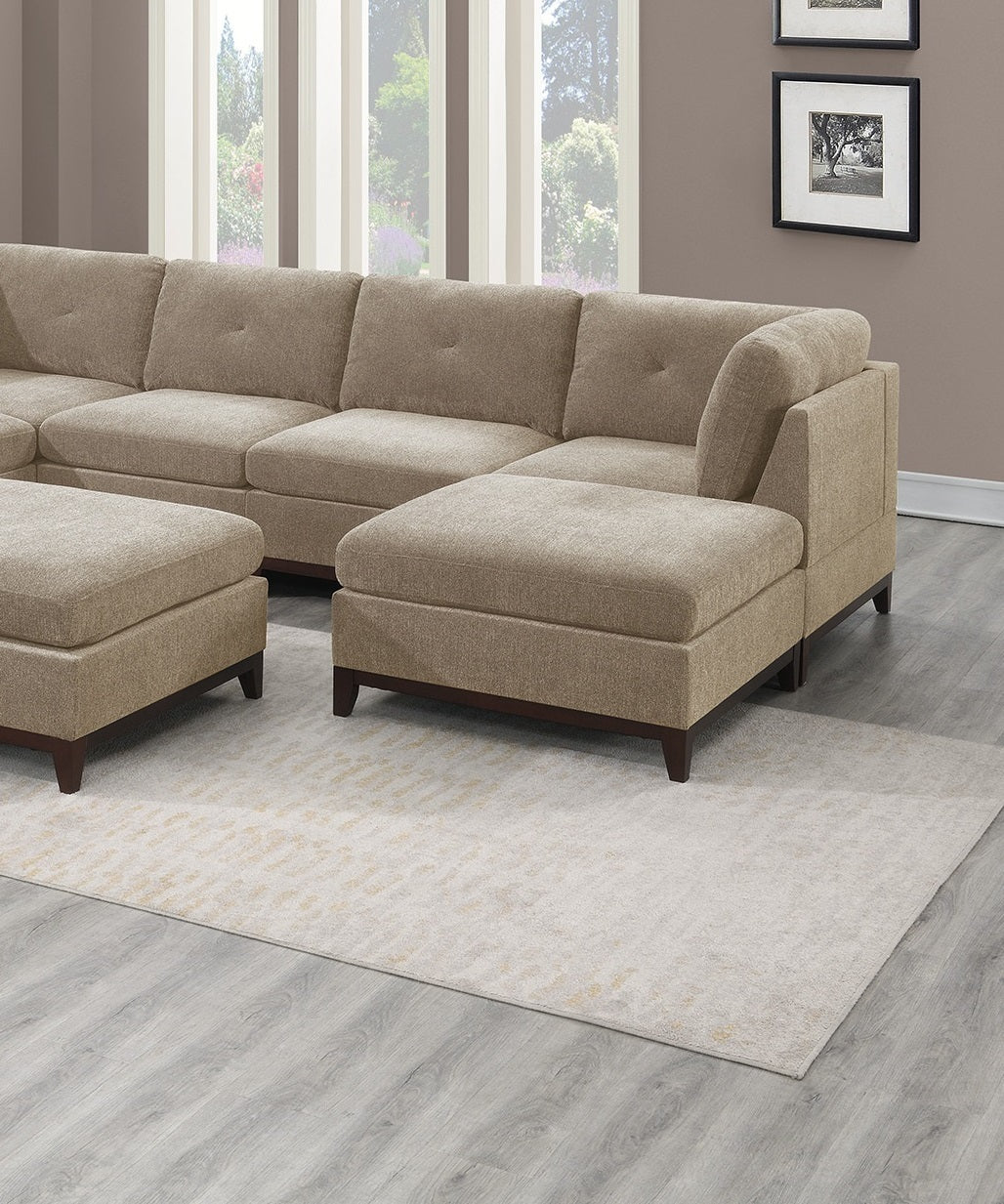 Khal Camel Chenille Fabric Modular Sectional 9pc Set 3x Corner Wedge 4x Armless Chairs and 2x Ottomans