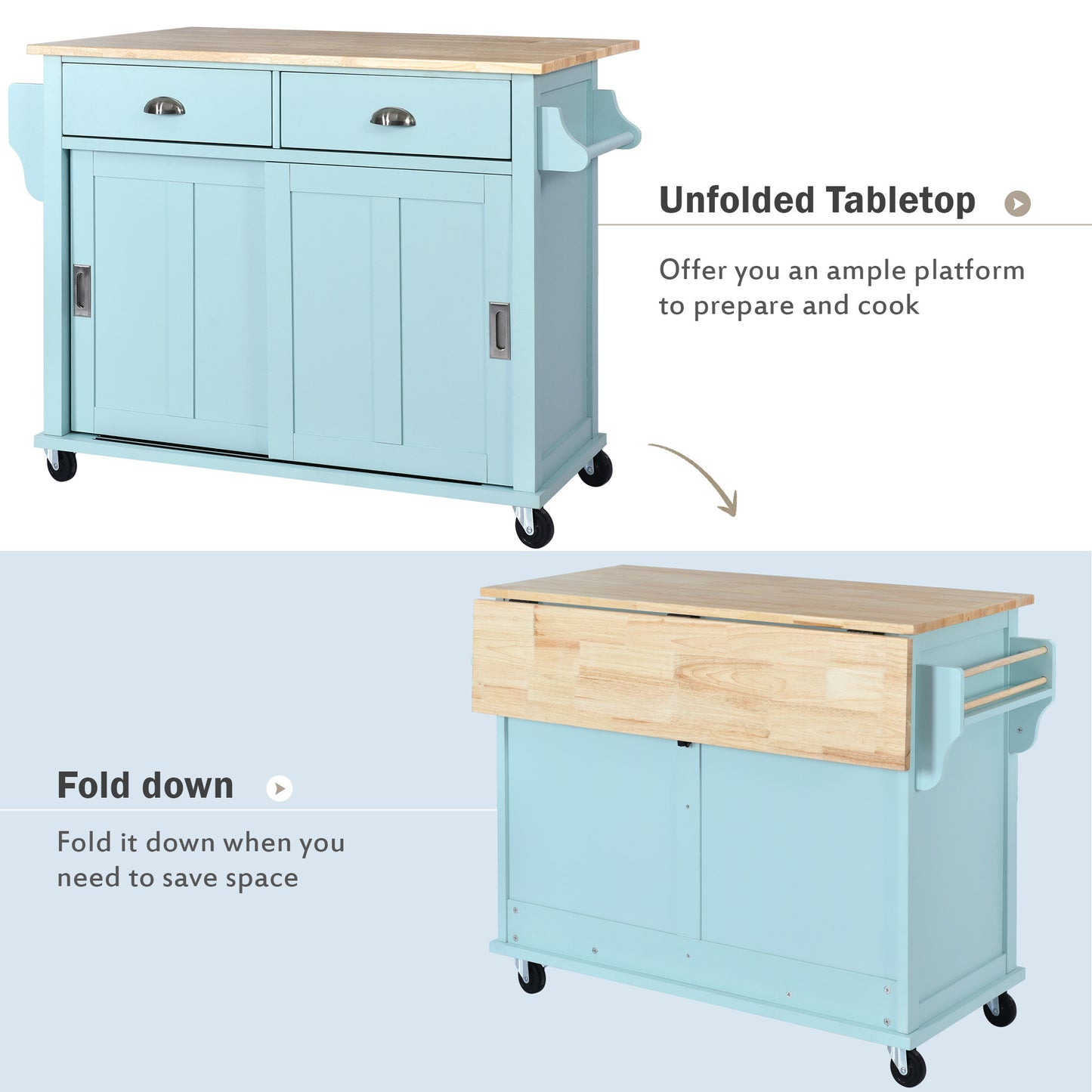 Culinary Kitchen Cart with Countertop With Barn Door - Mint Green