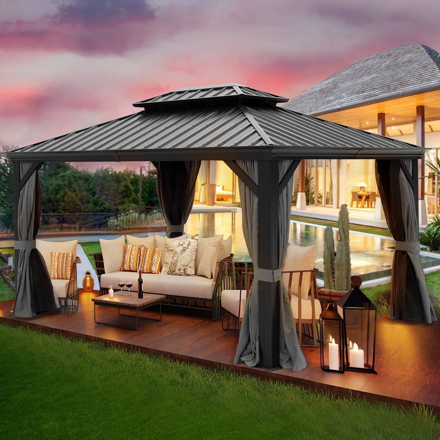 Delta 10X12 ft Patio Gazebo with Netting & Curtains - Black