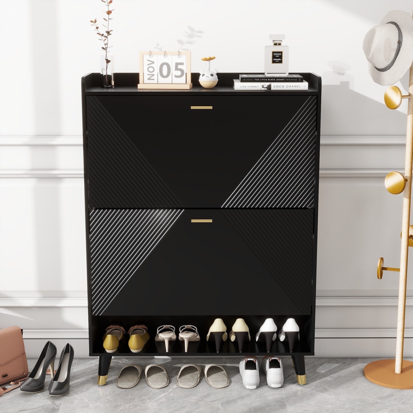 Triumph Two Flip-top Drawers Shoe Cabinet - Black