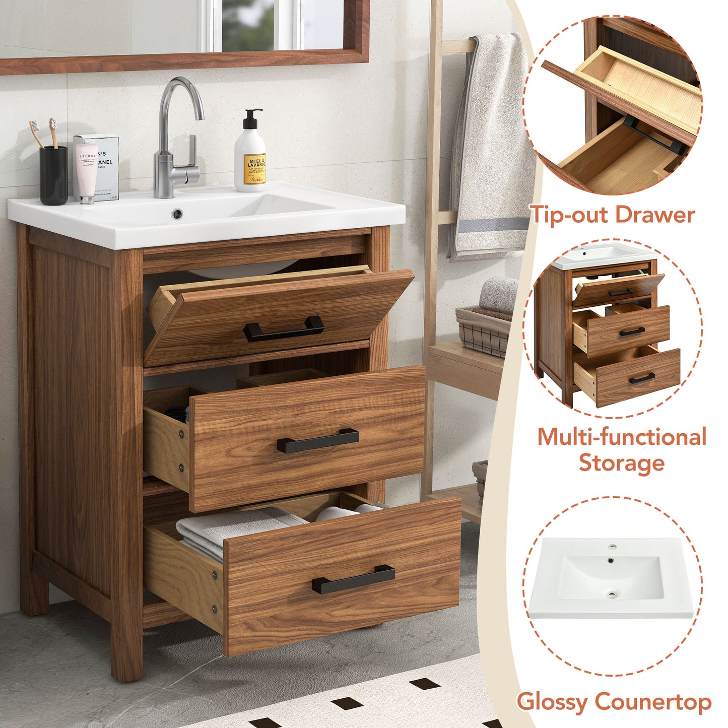 Freestanding Bathroom Vanity Cabinet with Ceramic Basin Sink
