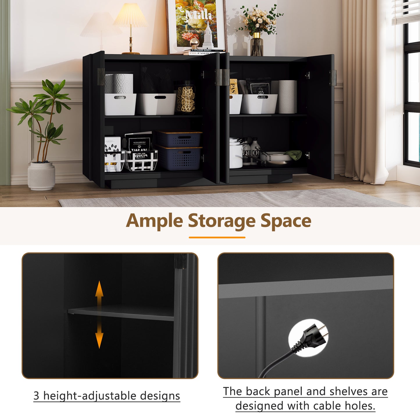 Lyons 4 Wavy Doors Ample Storage Space Sideboar - Black