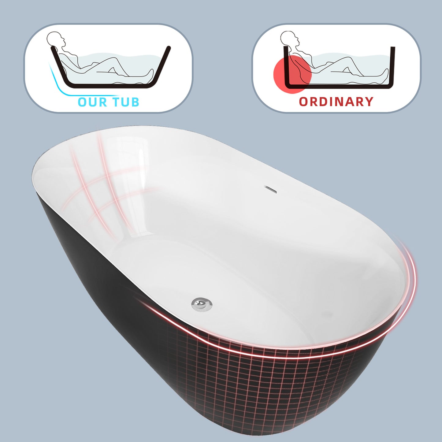 Nuvo 59" Acrylic Free Standing Oval Shape Soaking Tub - Matte Black+White