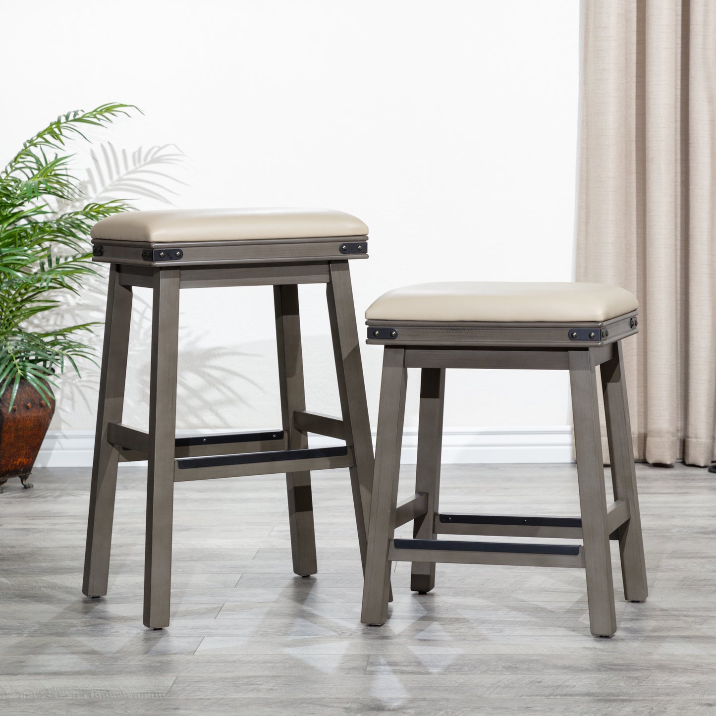 Flat Counter Stool White Finish, Black Leather Seat