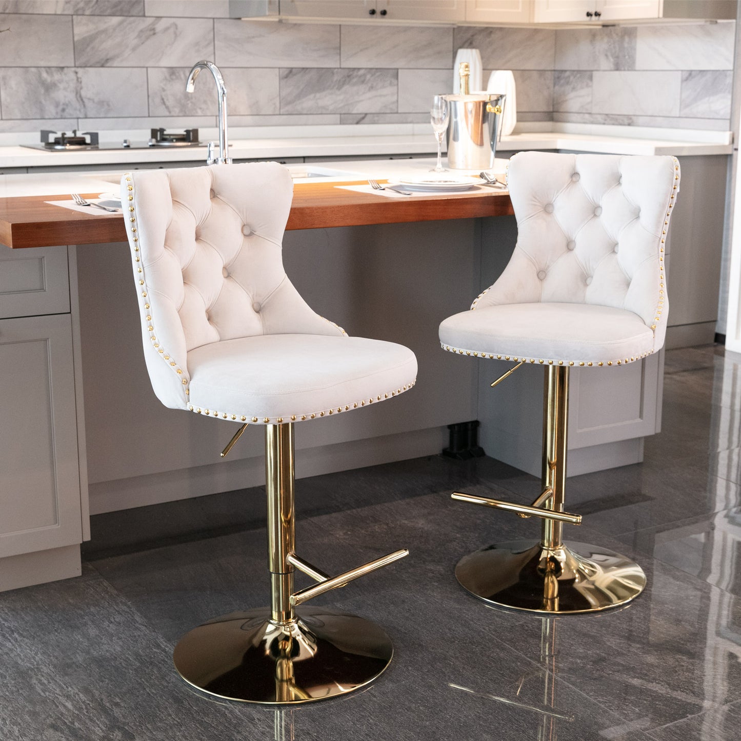 Stellar Golden Swivel Velvet Barstools Adjusatble Height - Beige Set of 2