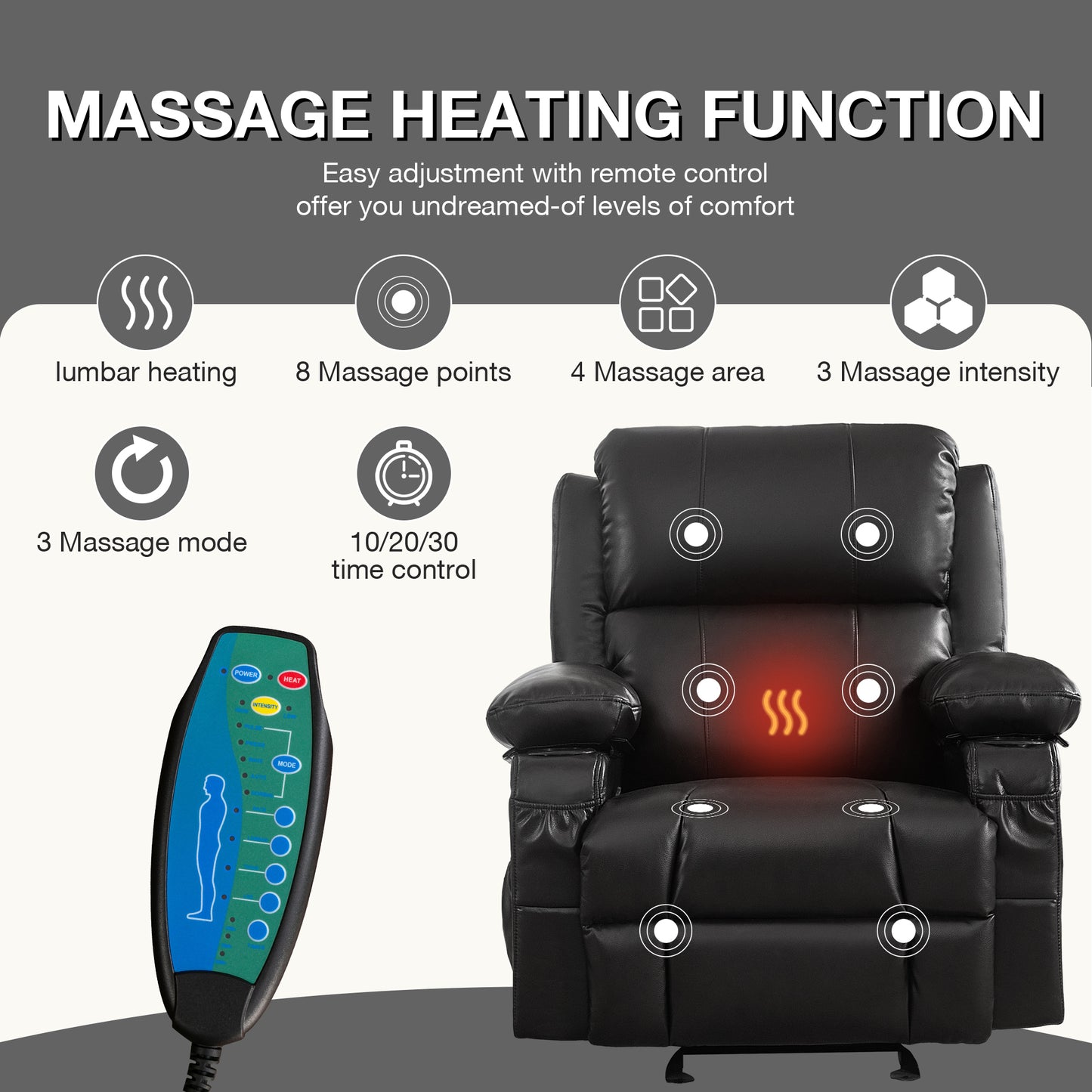 Marta Power Recliner with Massage and Heat - Black