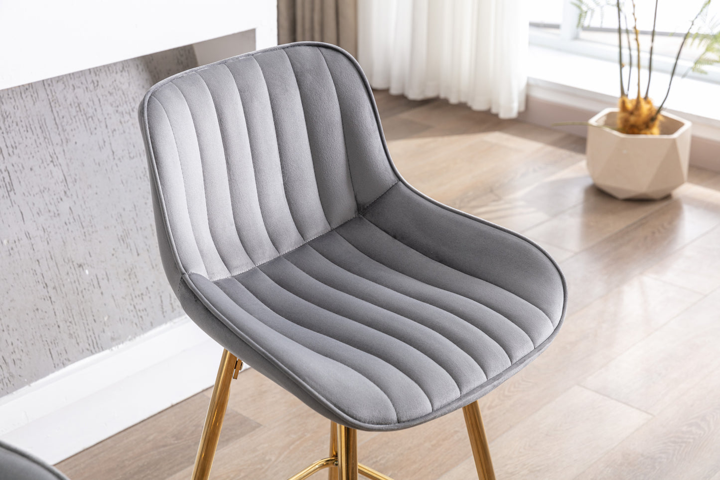 26 Inch Vista Bar Stools with Chrome Footrest Velvet Fabric Golden Leg - Gray Set of 2