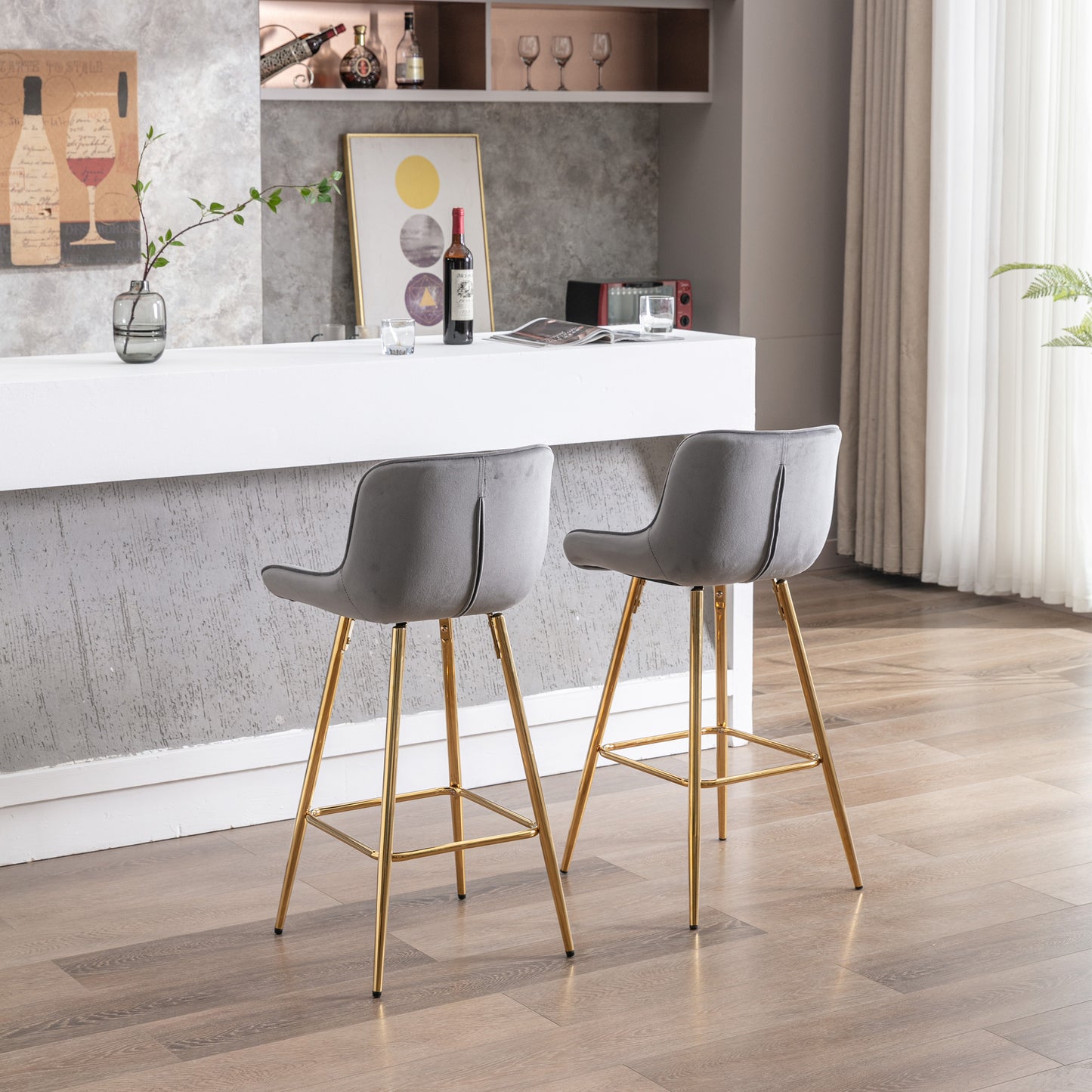 26 Inch Vista Bar Stools with Chrome Footrest Velvet Fabric Golden Leg - Gray Set of 2