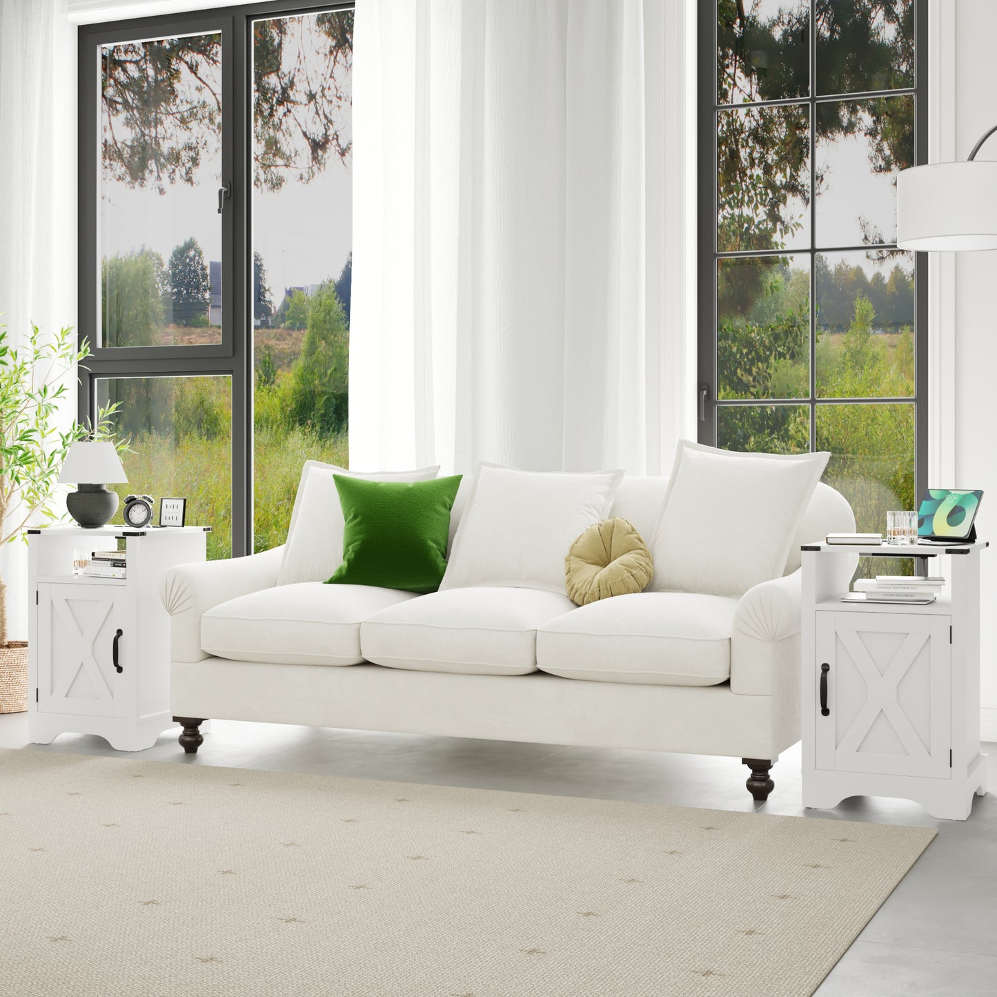 X Wooden Nightstand with Electrical Outlets Charging Station (2 Sets) - White