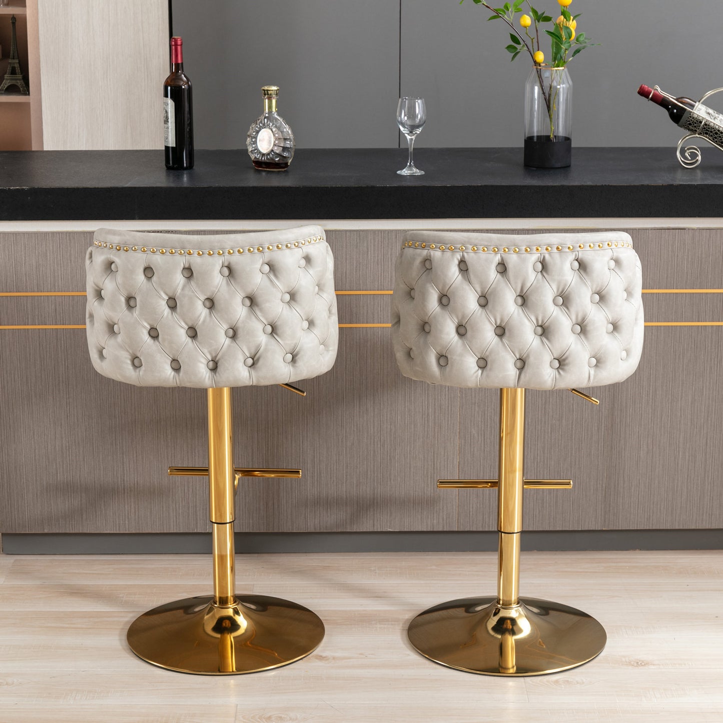 Tufted Swivel Barstools - Beige Set of 2