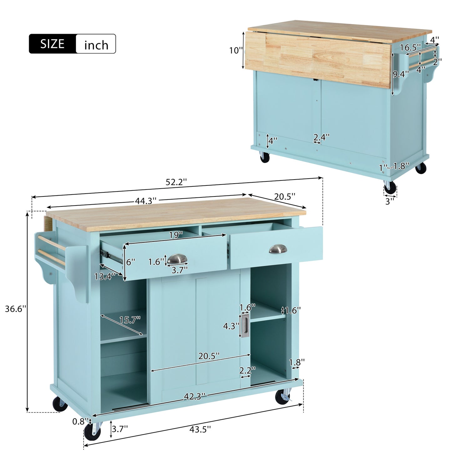 Culinary Kitchen Cart with Countertop With Barn Door - Mint Green