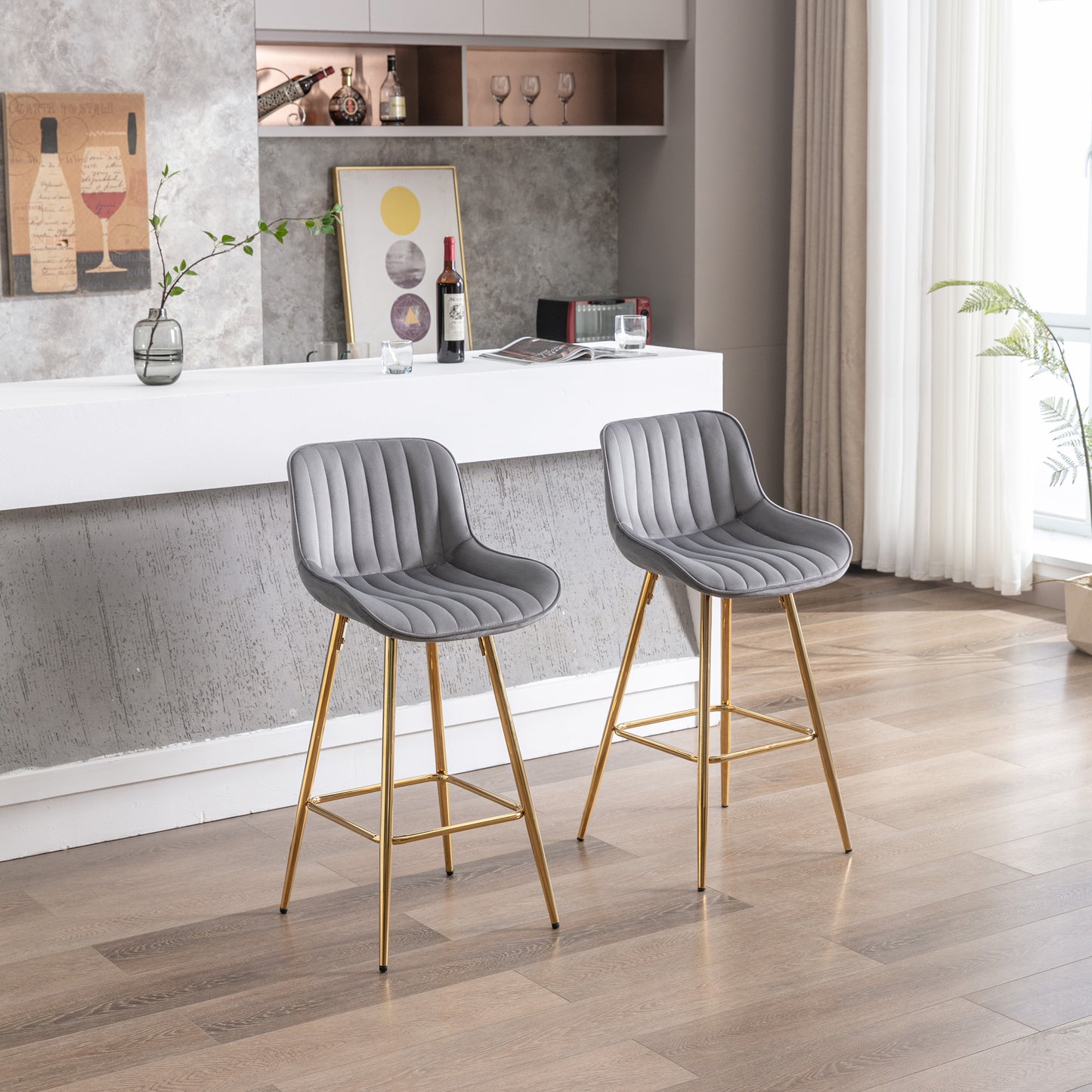 26 Inch Vista Bar Stools with Chrome Footrest Velvet Fabric Golden Leg - Gray Set of 2