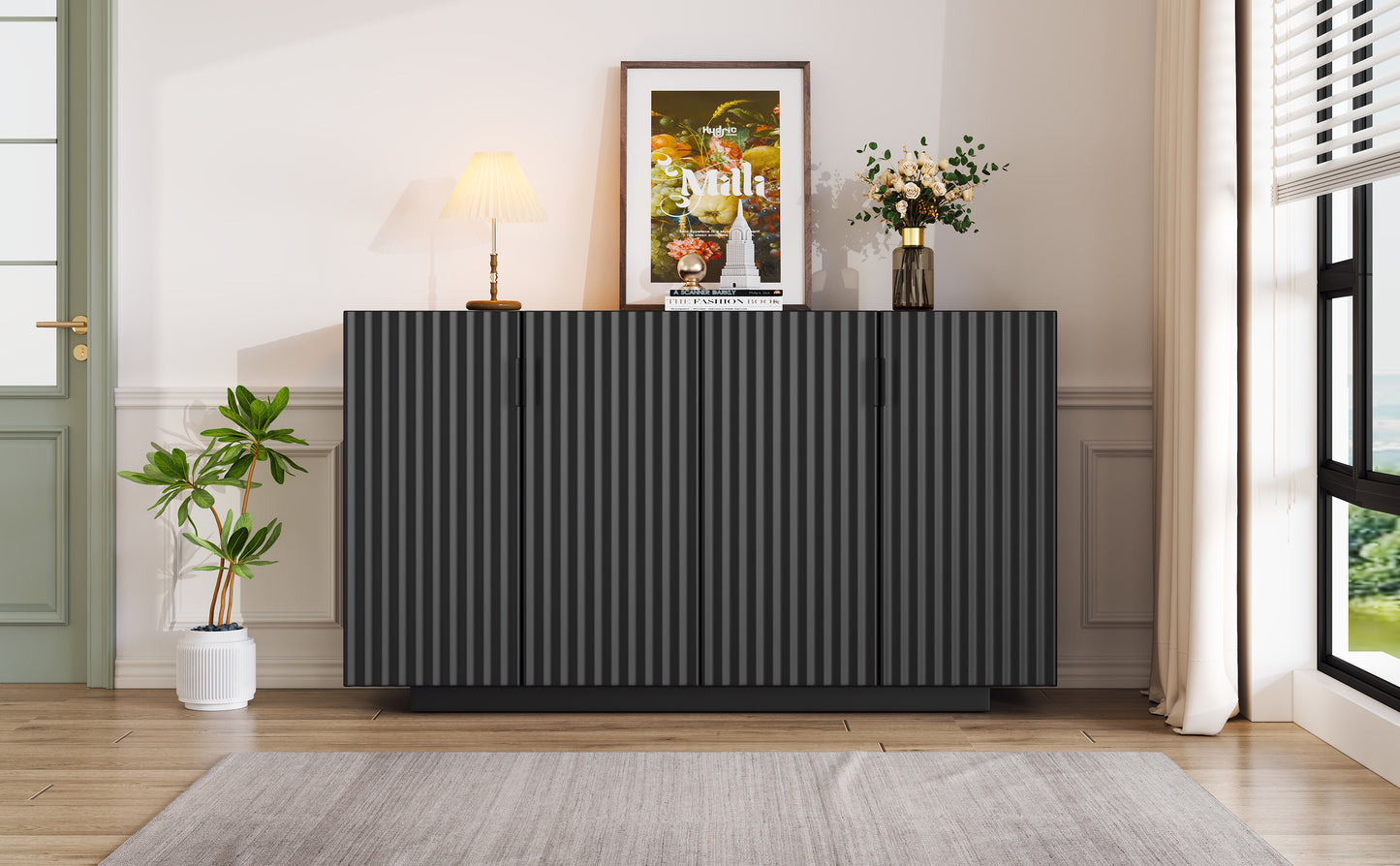 Lyons 4 Wavy Doors Ample Storage Space Sideboar - Black