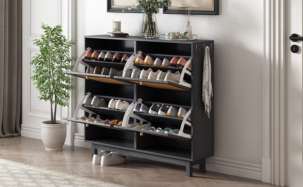 Rattan Boho Style Shoe Cabinet - Black