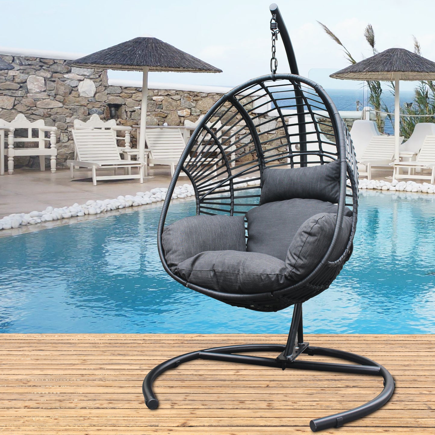 Beebe Wicker Swing Chair With Stand - Black