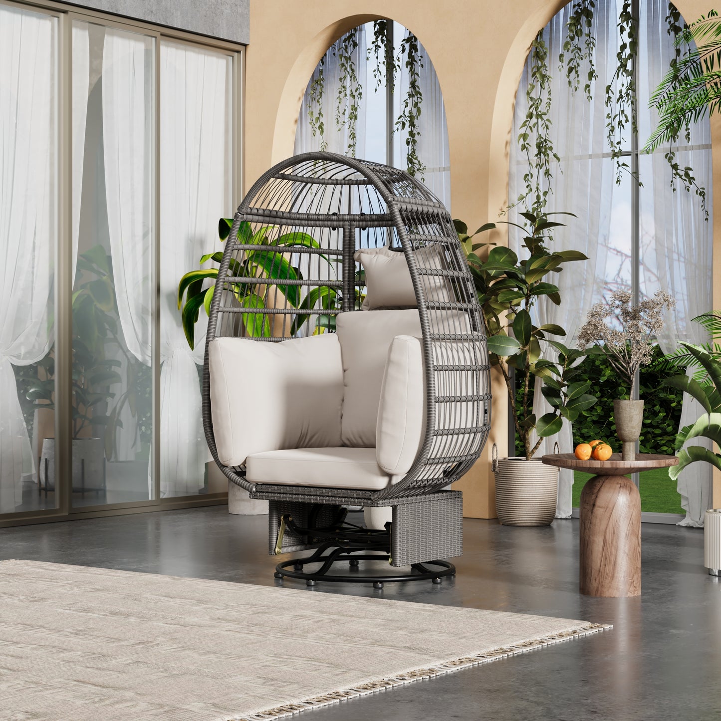 Bell Outdoor Swivel Chair with Cushion (Gray Wicker + Beige Cushion)