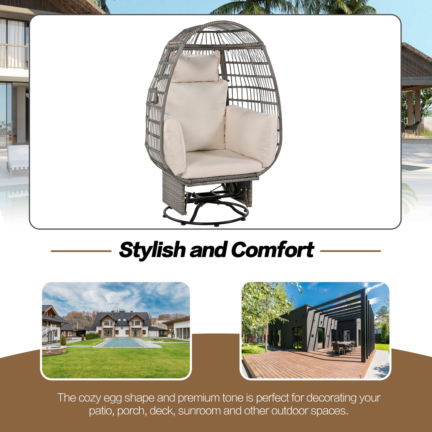 Bell Outdoor Swivel Chair with Cushion (Gray Wicker + Beige Cushion)