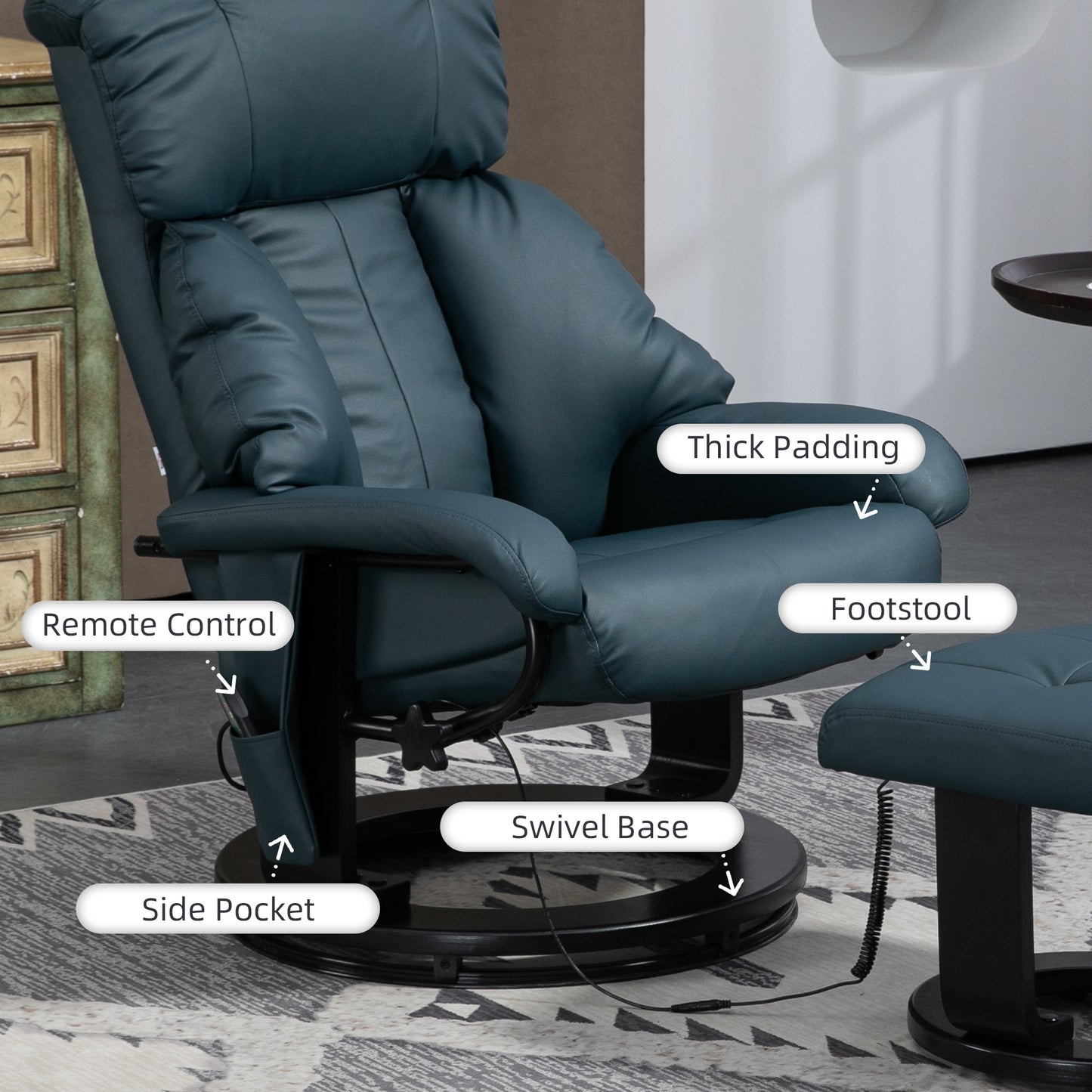 Harvey 360° Swivel Massage Recliner Chair with Ottoman - Blue