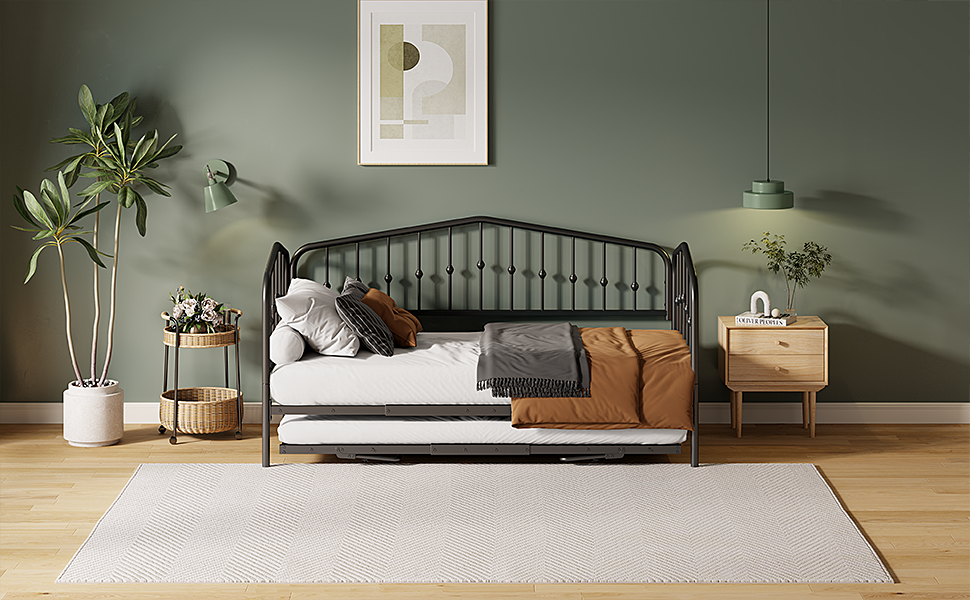 Zee Twin Size Metal Daybed with Twin Size Adjustable Trundle - Black
