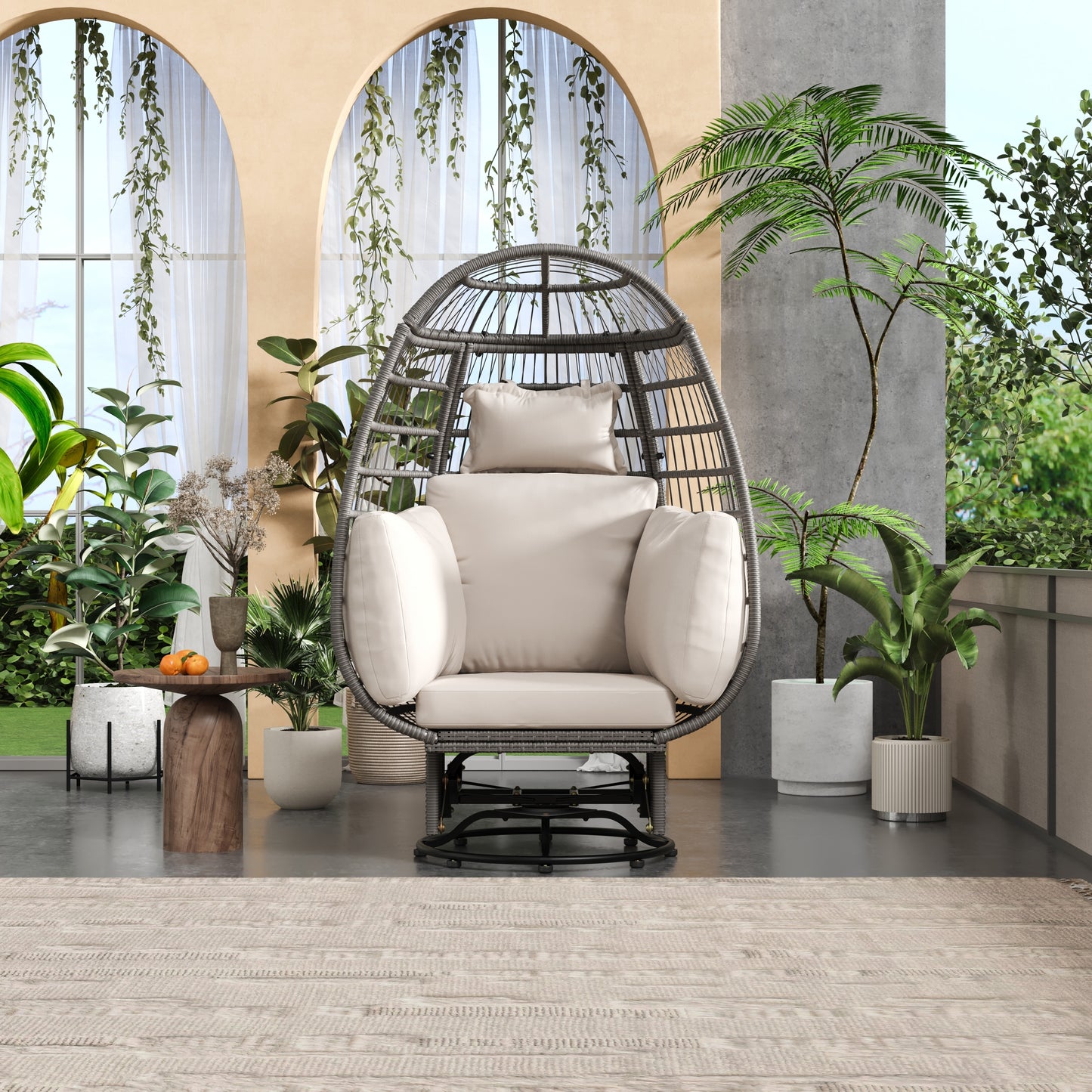 Bell Outdoor Swivel Chair with Cushion (Gray Wicker + Beige Cushion)