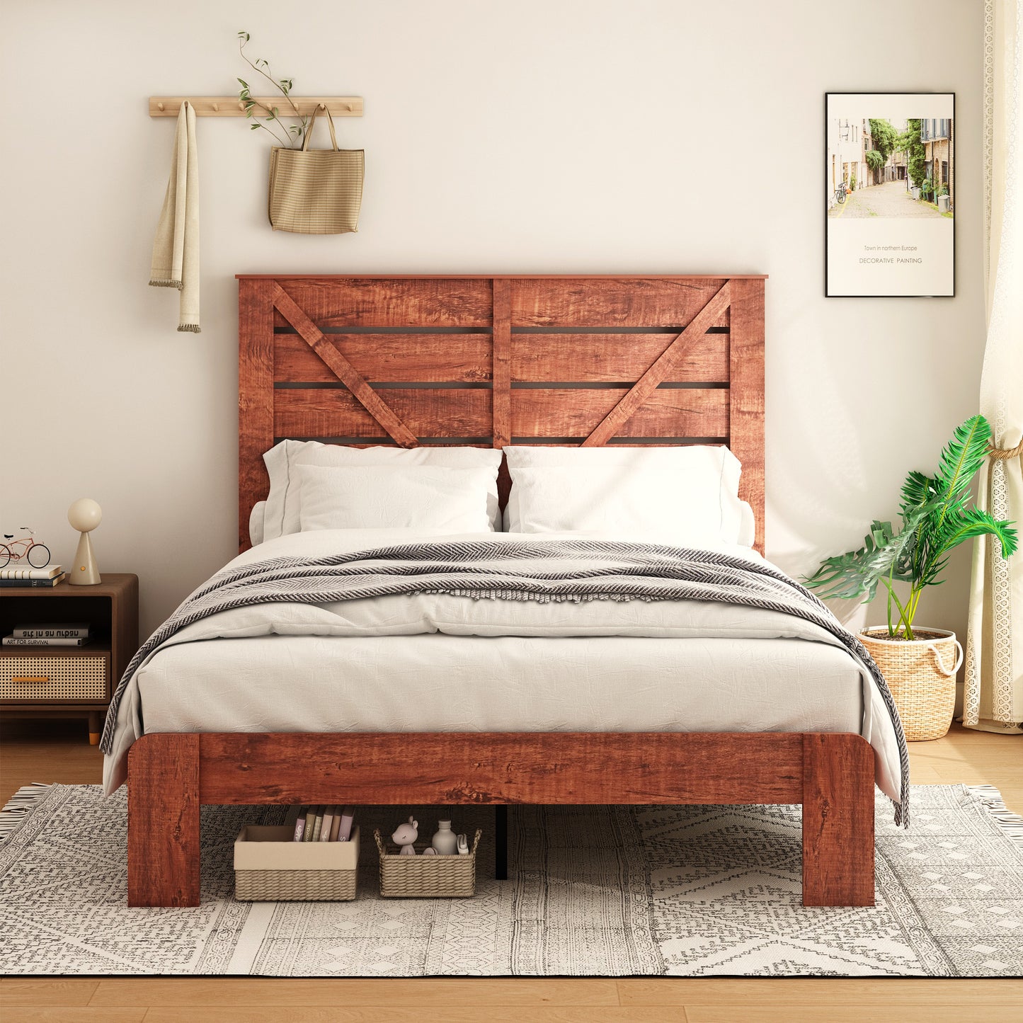 Olmi Queen Size Wood Platform Bed Frame - Dark Brown