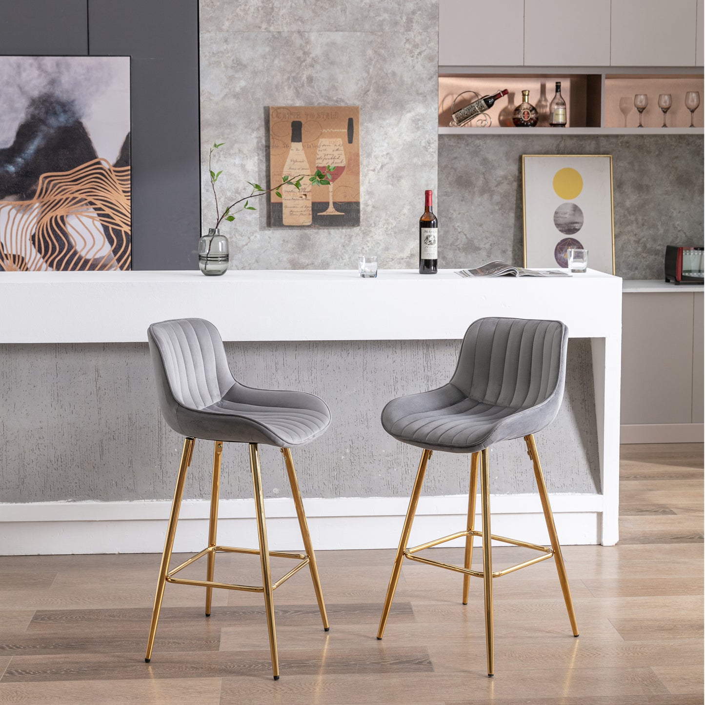 26 Inch Vista Bar Stools with Chrome Footrest Velvet Fabric Golden Leg - Gray Set of 2
