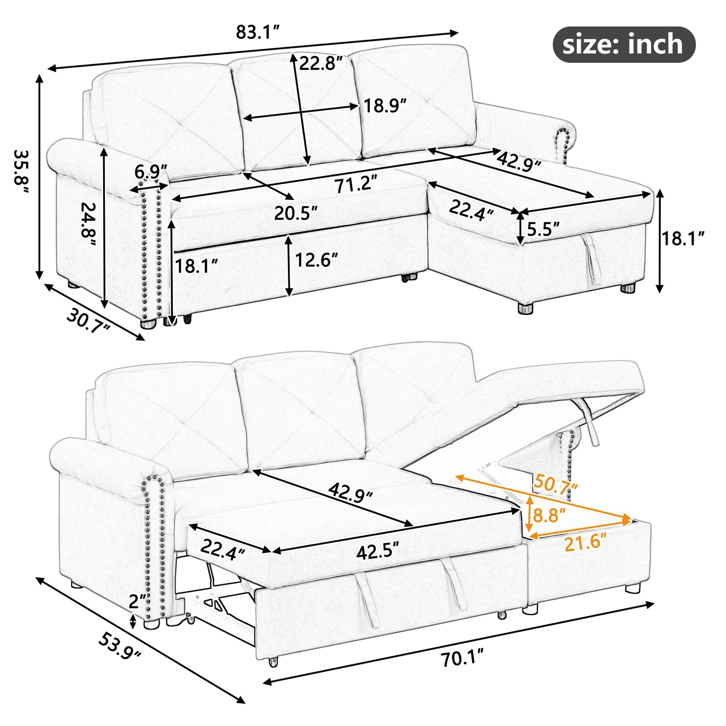 Otto Convertible Sleeper Sofa Bed W Storage - Gray