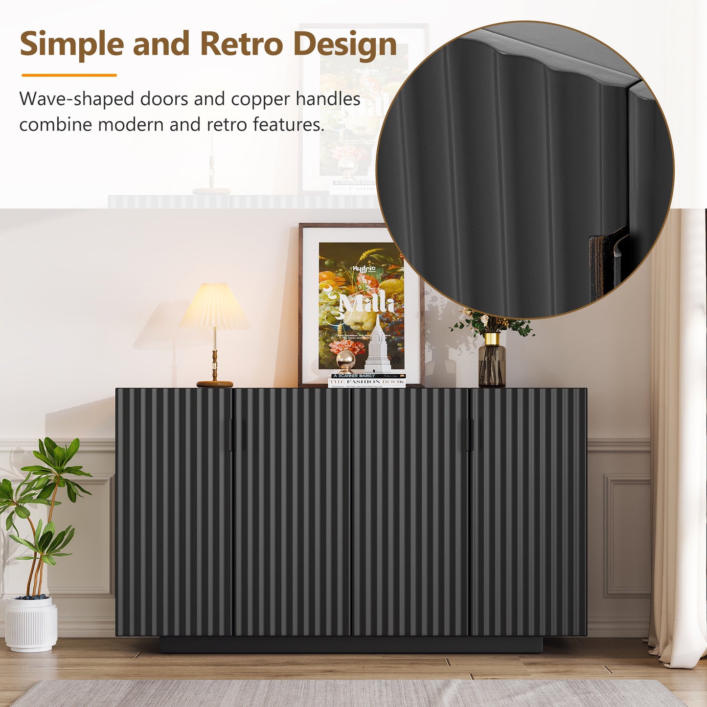 Lyons 4 Wavy Doors Ample Storage Space Sideboar - Black