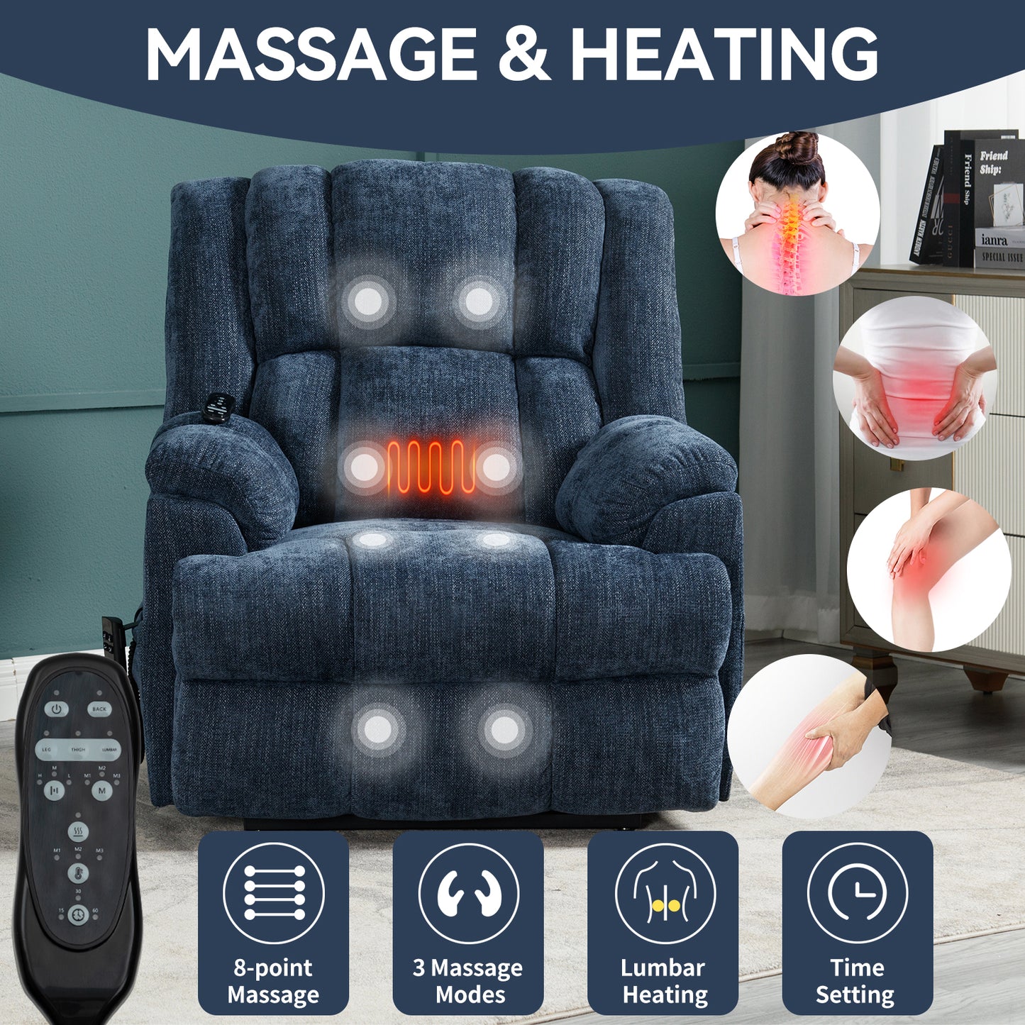 Nia Dual Motor Power Recliners Heat Massage - Blue