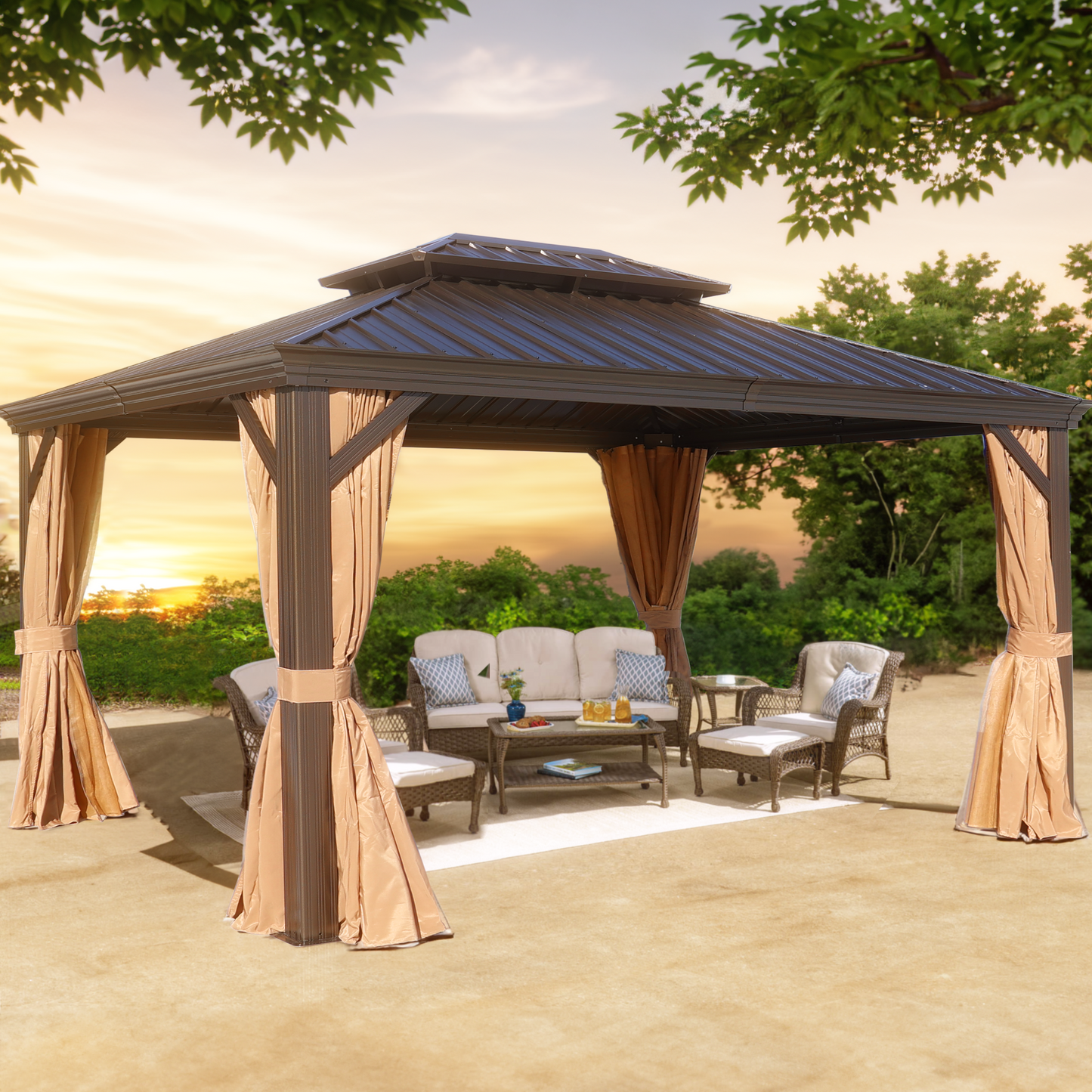 Delta 10X12 ft Patio Gazebo with Netting & Curtains - Brown