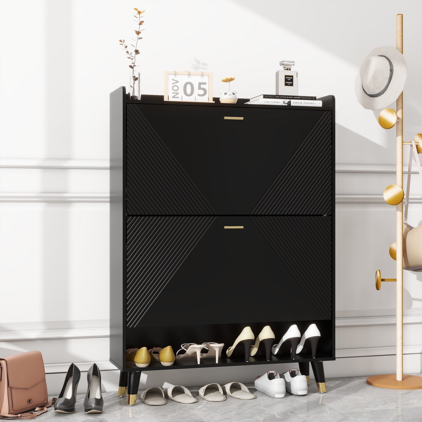 Triumph Two Flip-top Drawers Shoe Cabinet - Black