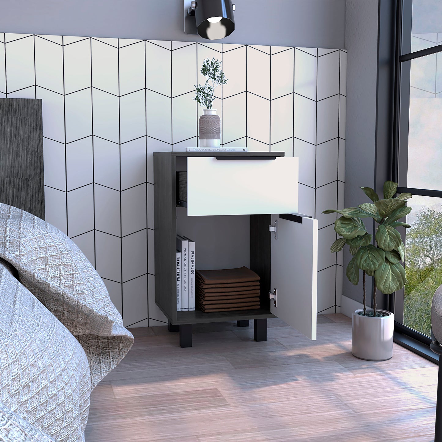 Kaia Z Nightstand One Drawe One Cabinet - Oak/White