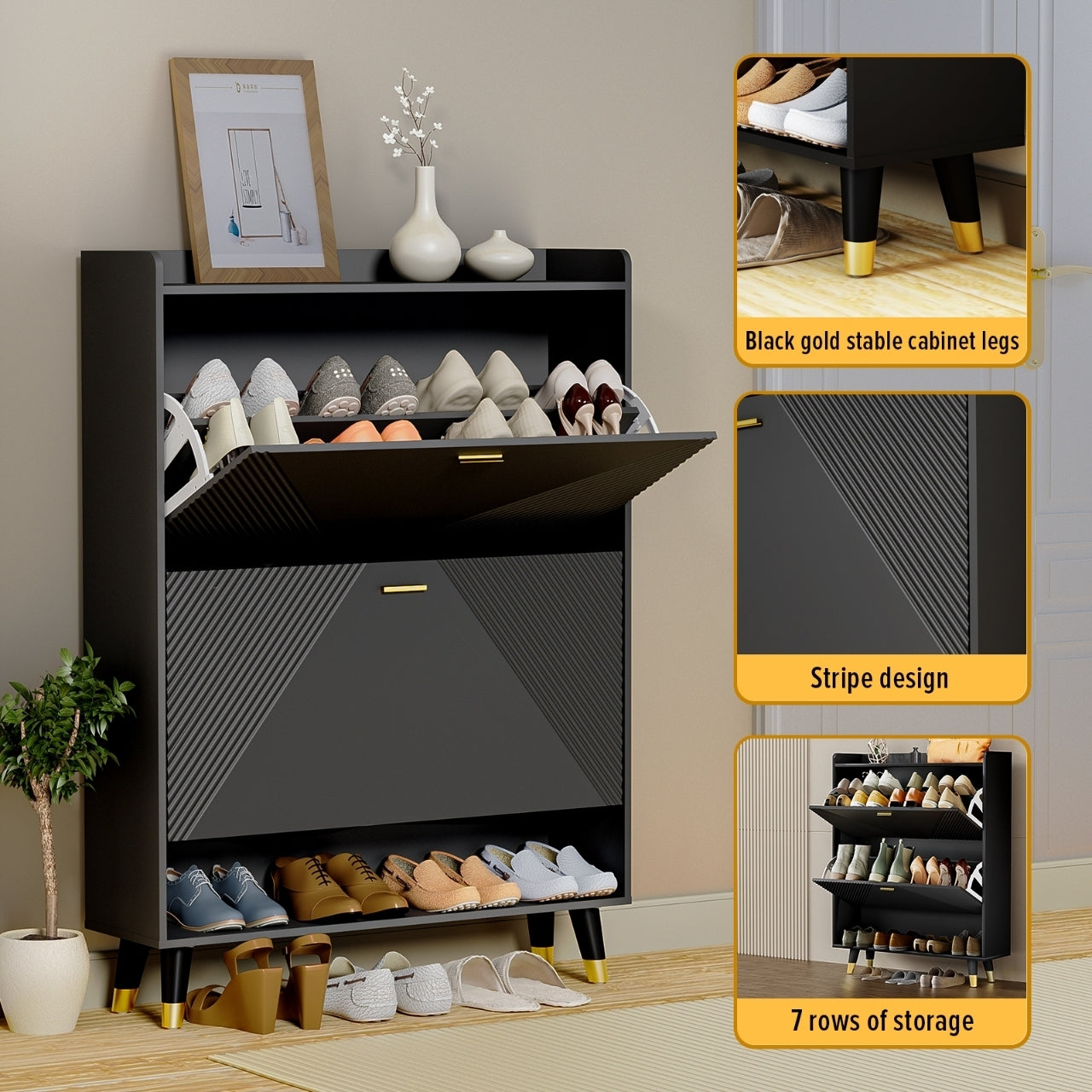 Triumph Two Flip-top Drawers Shoe Cabinet - Black