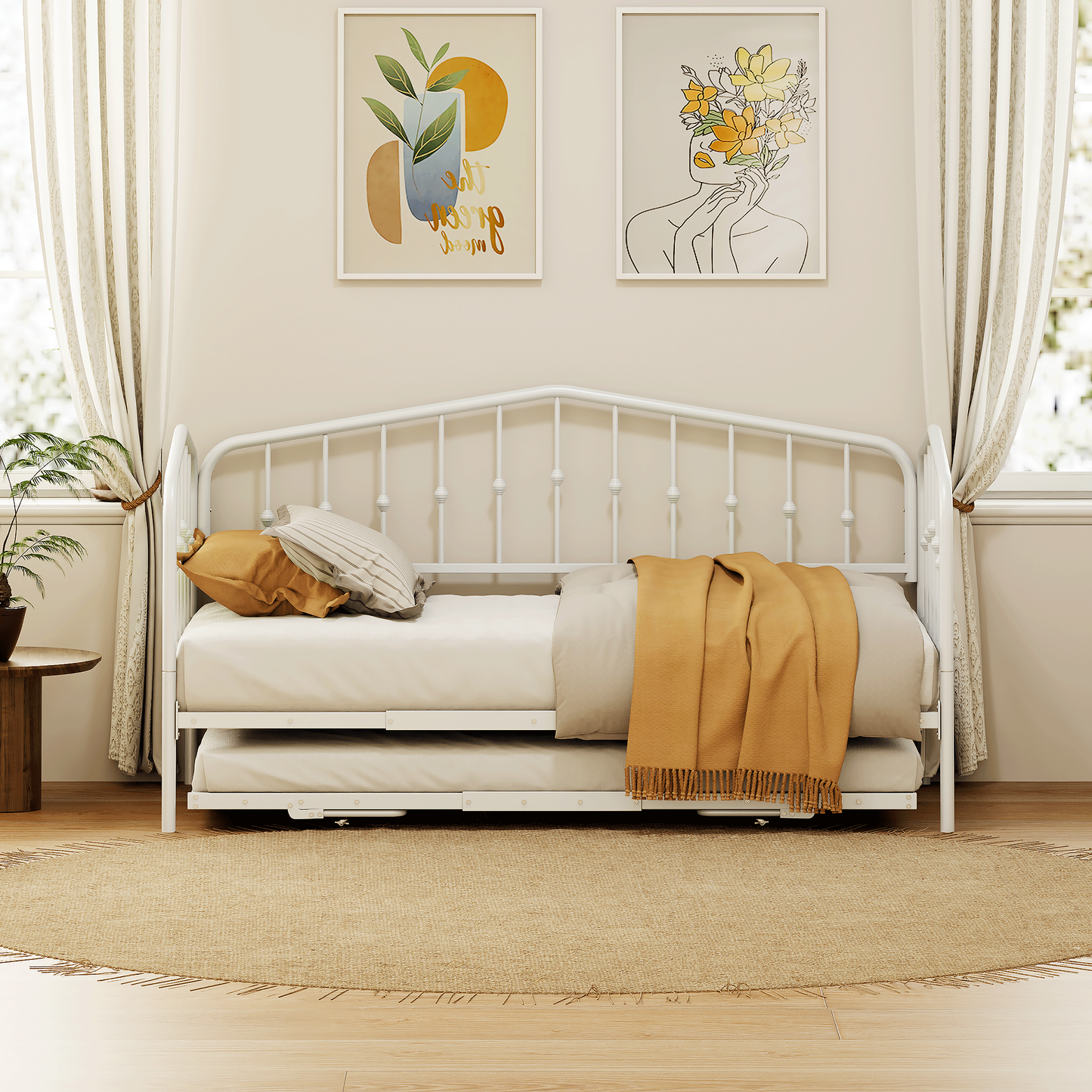 Zee Twin Size Metal Daybed with Twin Size Adjustable Trundle - White