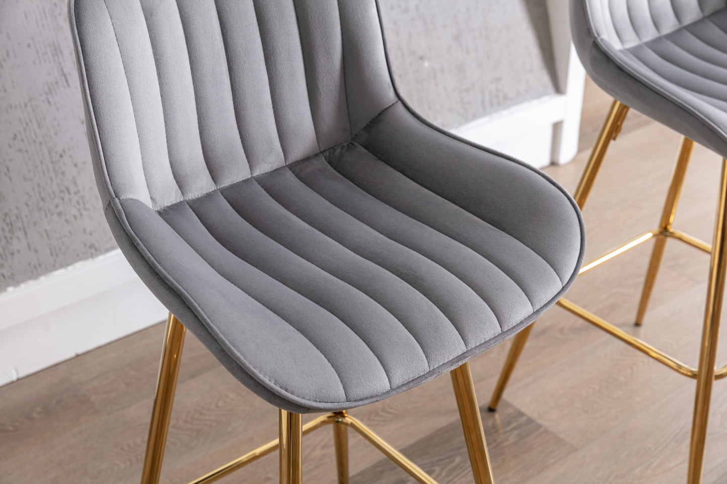 26 Inch Vista Bar Stools with Chrome Footrest Velvet Fabric Golden Leg - Gray Set of 2