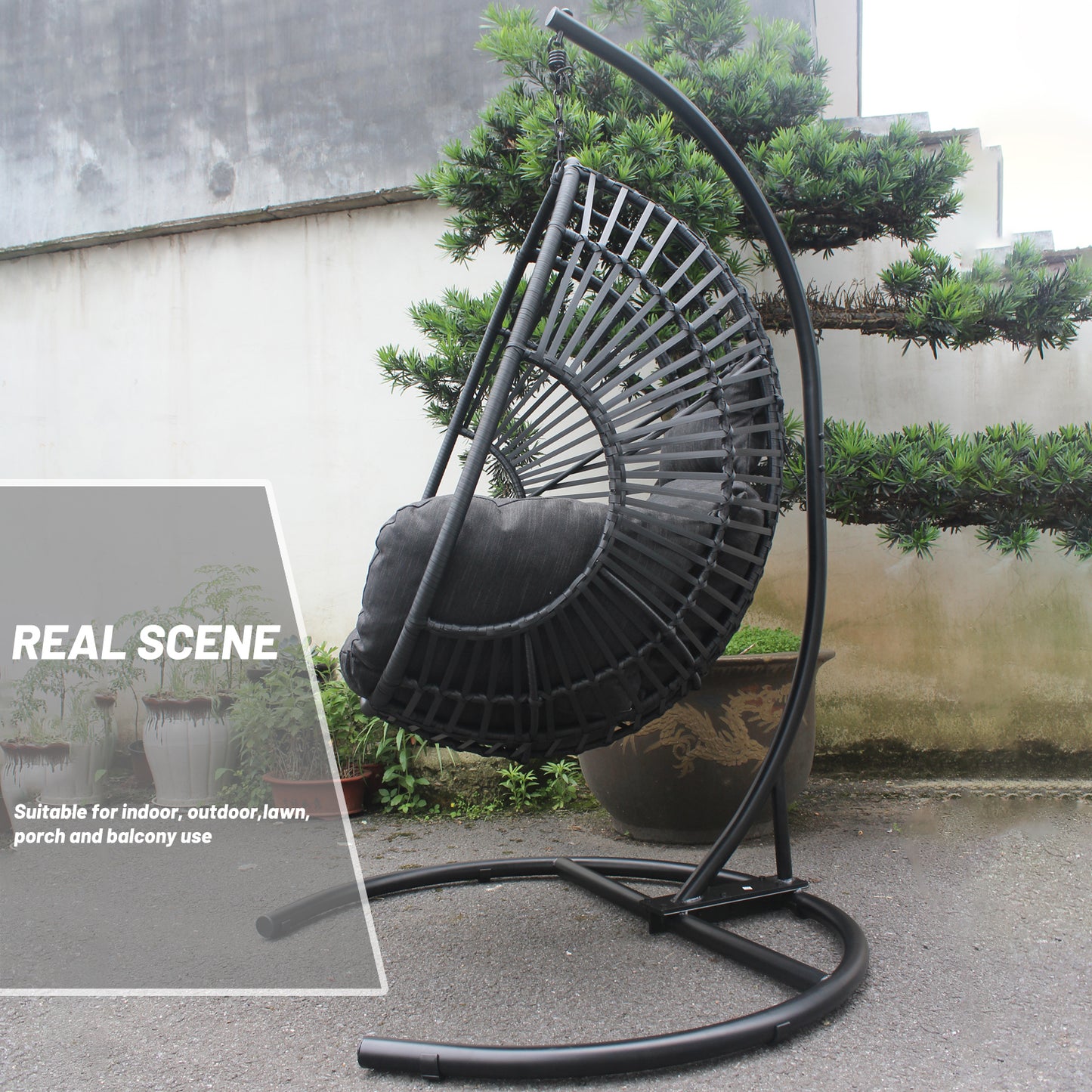 Beebe Wicker Swing Chair With Stand - Black
