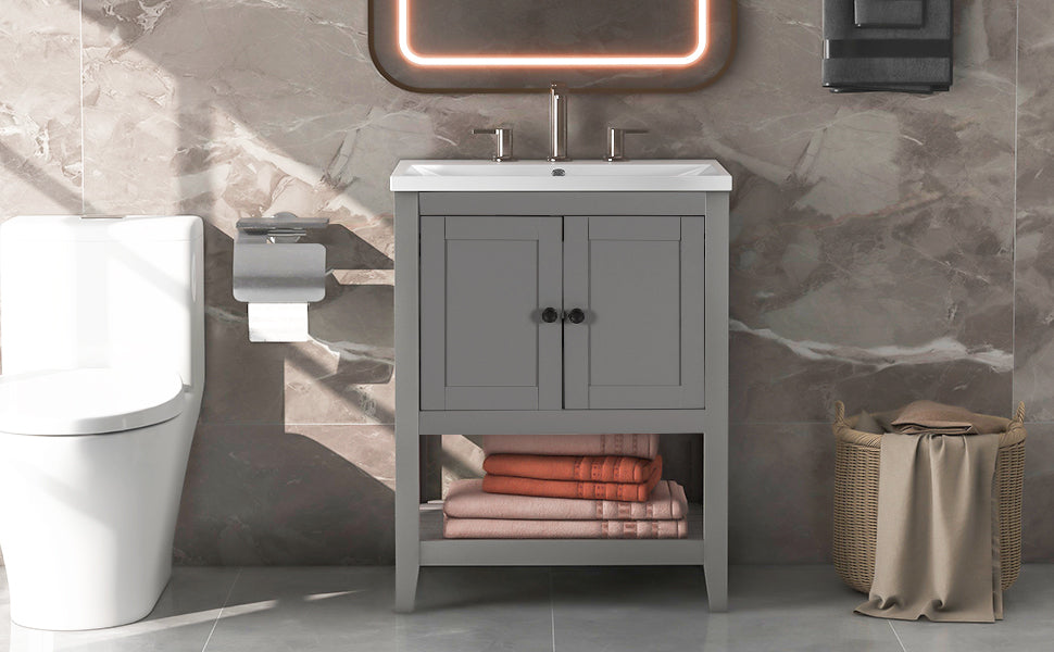 Sleek Vanity Elegant Ceramic Sink with Solid Wood Frame - Gray