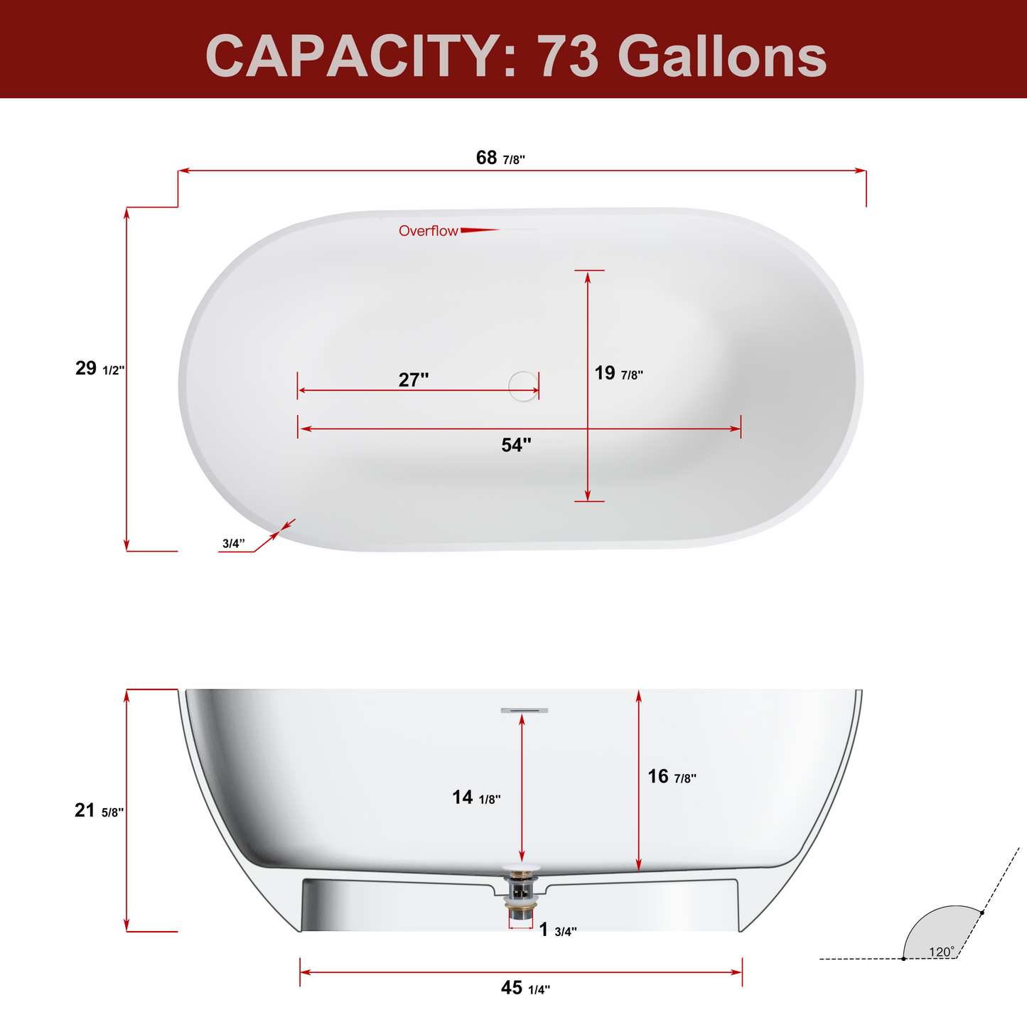 Era 69" Solid Surface Freestanding Bathtub - White