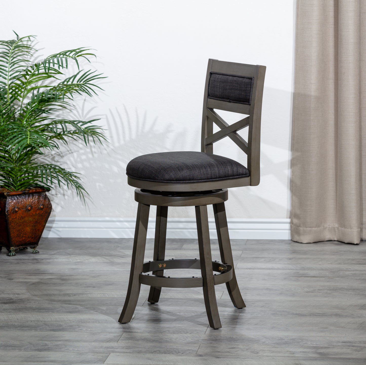 X-Back Swivel Stool, Weathered Gray Finish Grey, Charcoal Fabric Seat