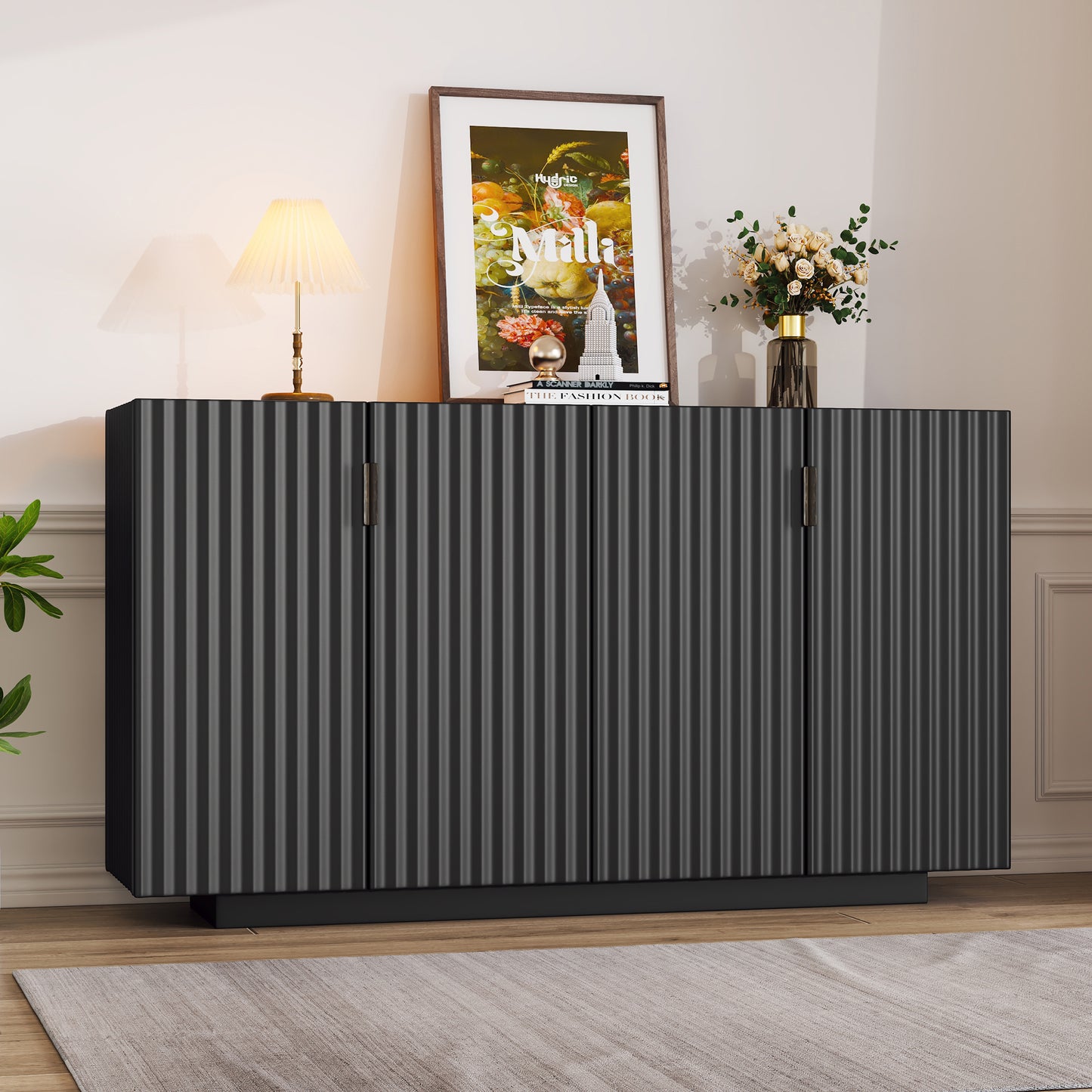Lyons 4 Wavy Doors Ample Storage Space Sideboar - Black