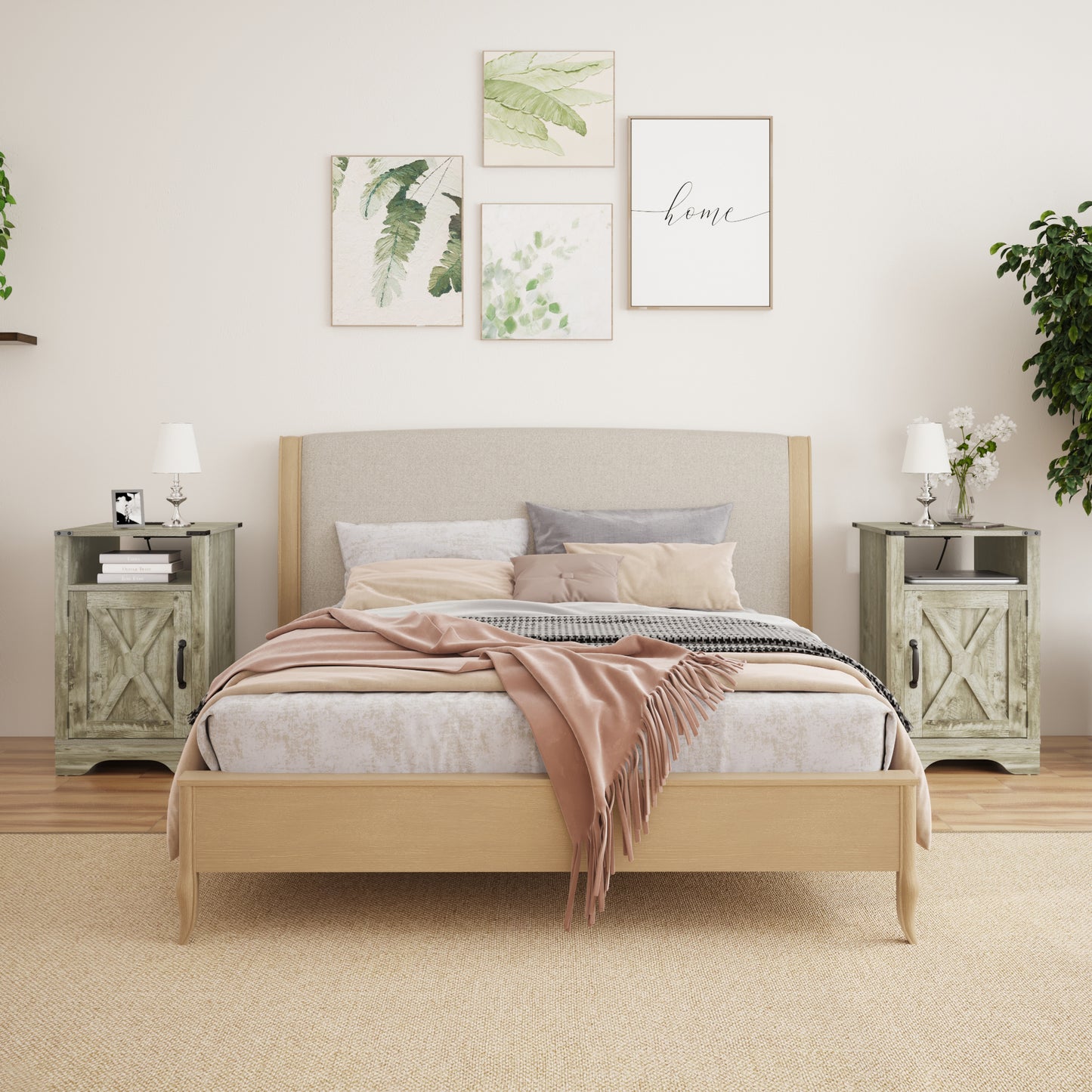 X Wooden Nightstand with Electrical Outlets Charging Station (2 Sets) - White & Oak