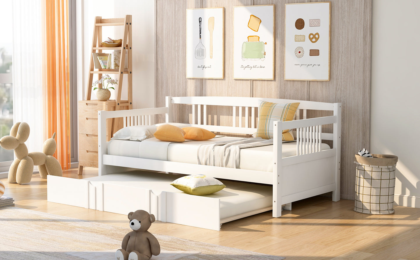 Lex Twin Size Wooden Daybed with Twin Size Trundle - White
