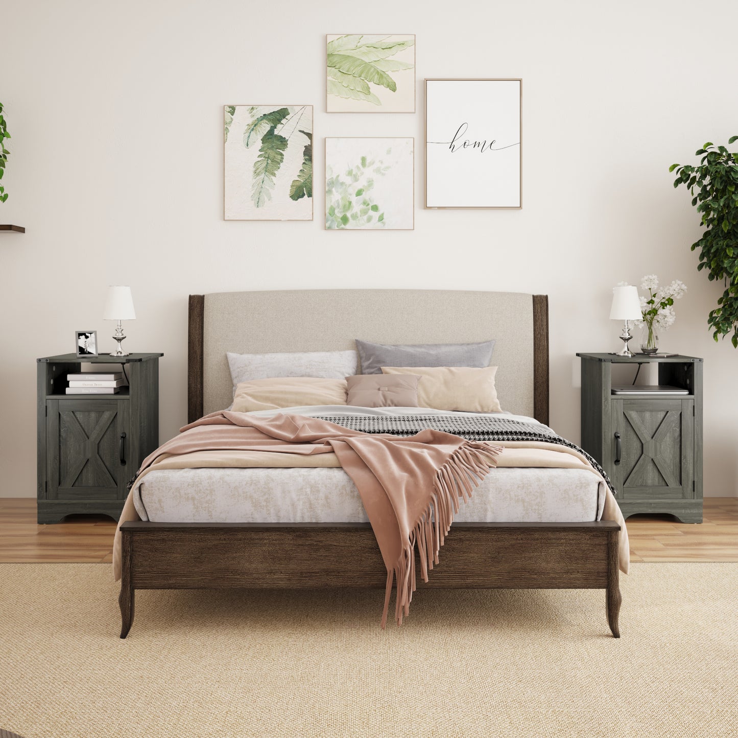 X Wooden Nightstand with Electrical Outlets Charging Station (2 Sets) - Dark Gray