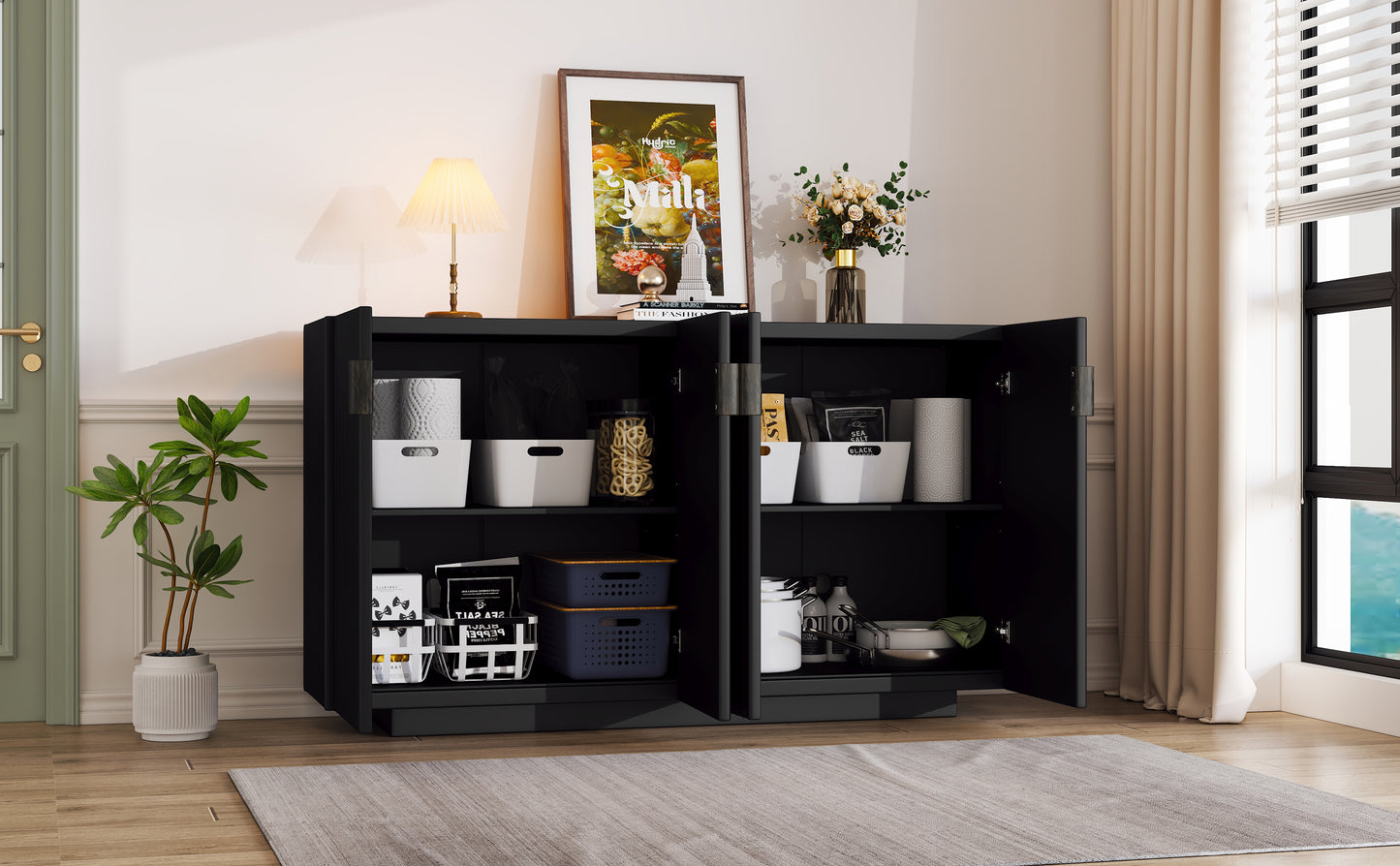 Lyons 4 Wavy Doors Ample Storage Space Sideboar - Black