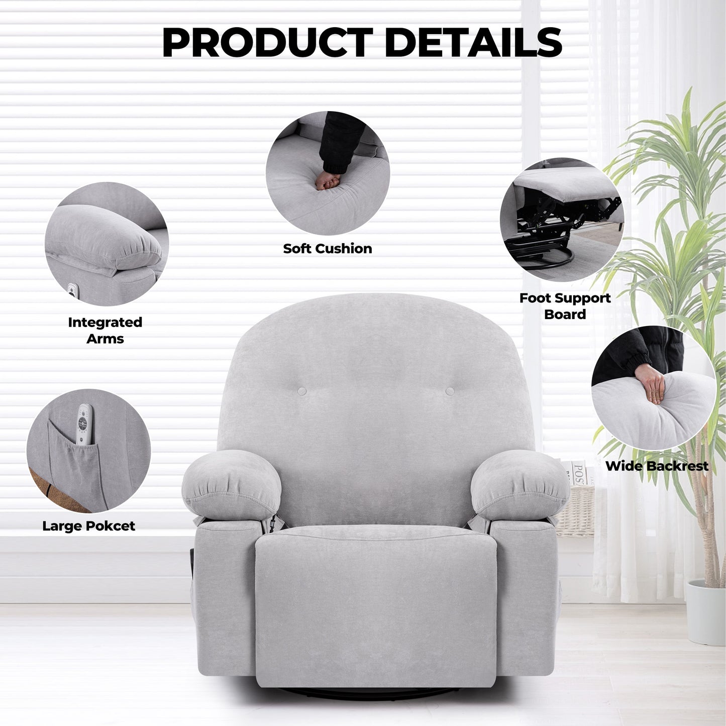 Meza Swivel Massage Rocker Recliner with Heat - Light Gray