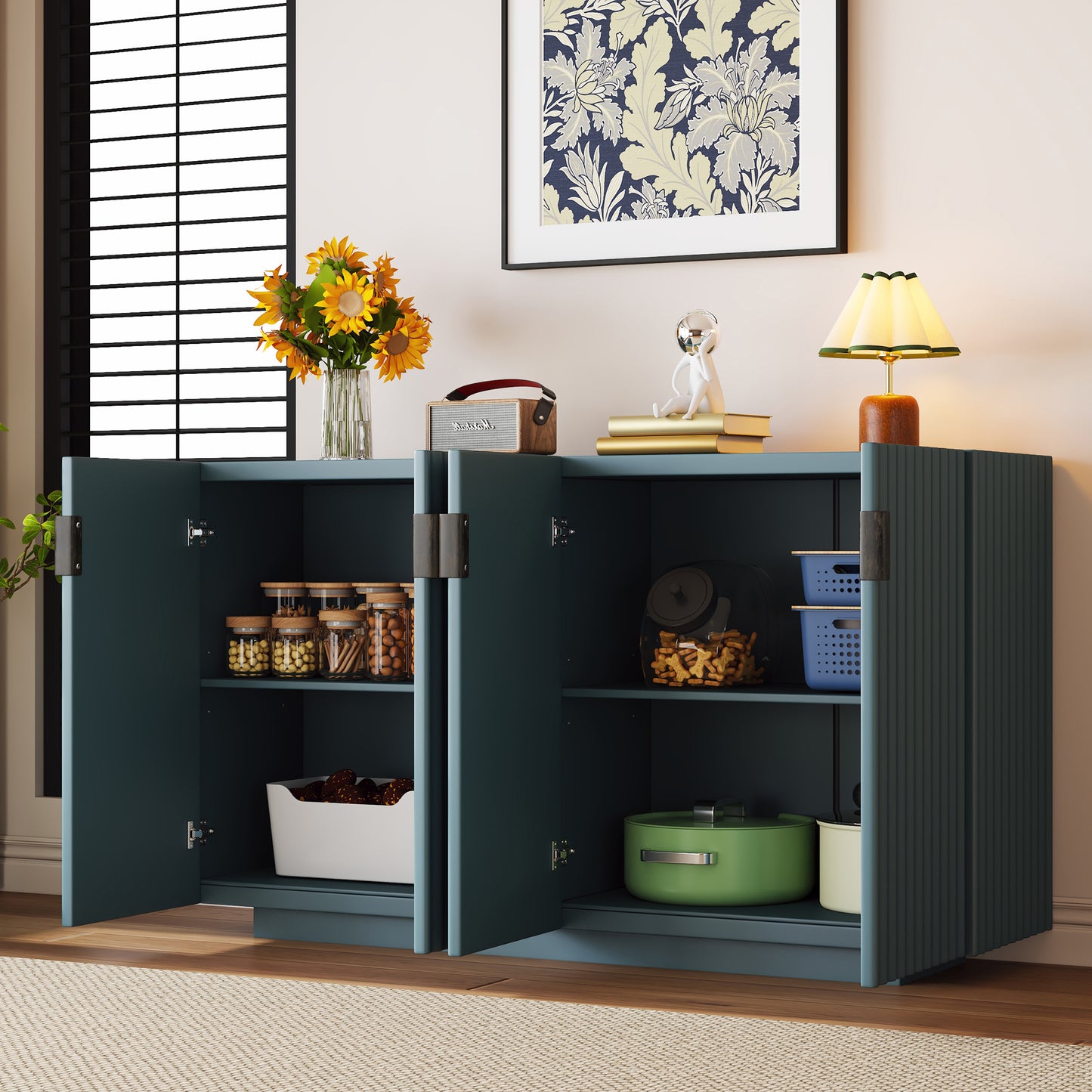 Lyons 4 Wavy Doors Ample Storage Space Sideboar - Teal