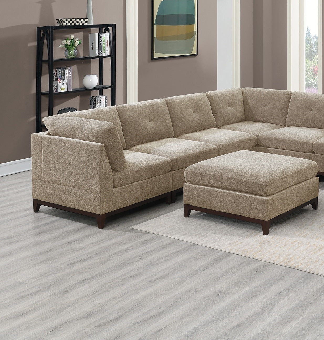 Khal Camel Chenille Fabric Modular Sectional 9pc Set 3x Corner Wedge 4x Armless Chairs and 2x Ottomans