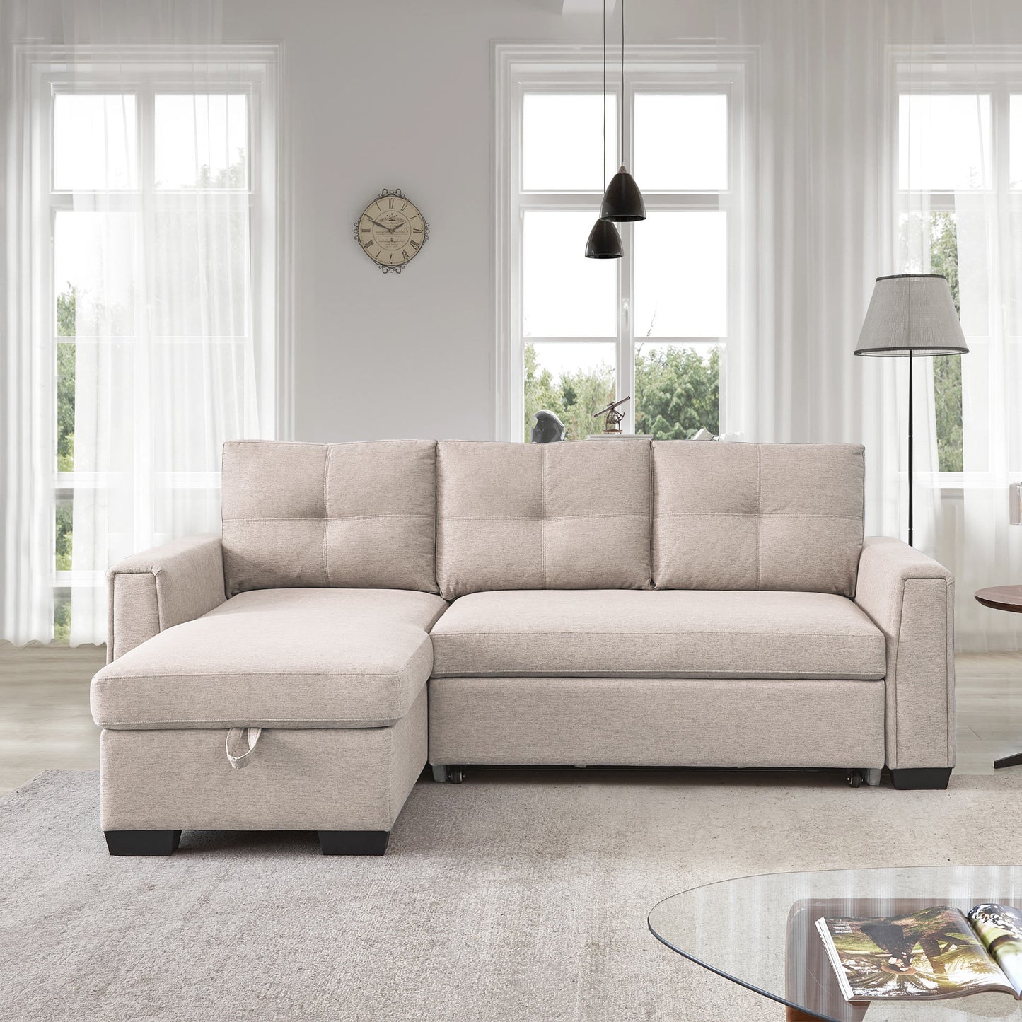 Panora L-Shape Pull-Out Sleeper Sectional Sofa - Beige