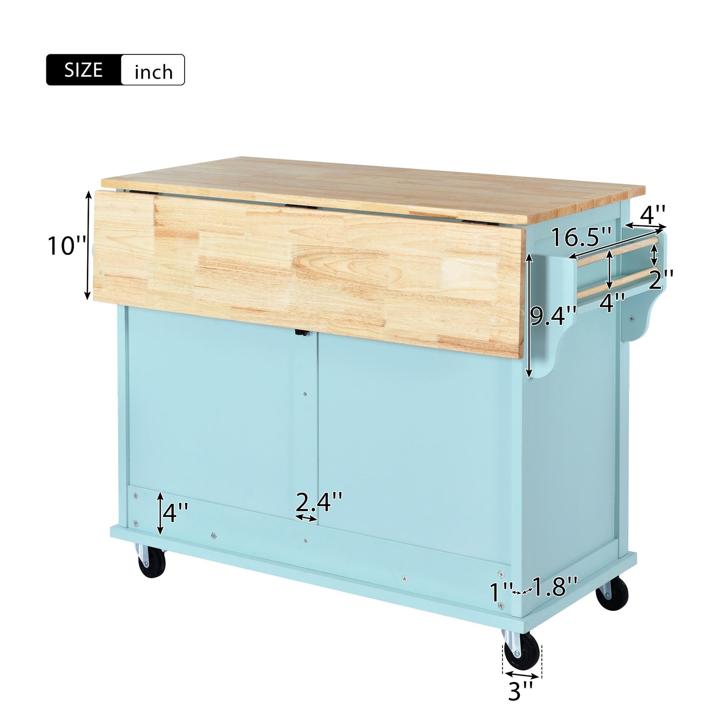 Culinary Kitchen Cart with Countertop With Barn Door - Mint Green